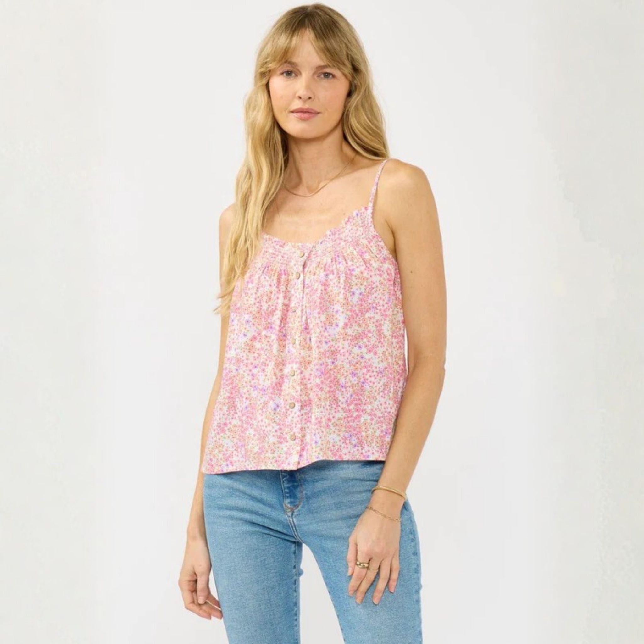 Sunlight Petal Print Spaghetti Strap Button Down Cami Top