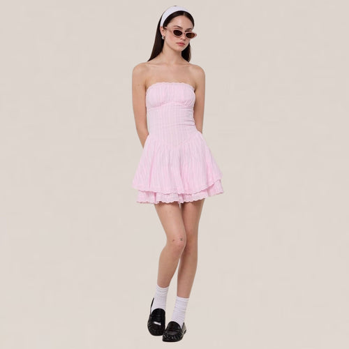 Solid Color Tiered Lace Down Tube Mini Dress