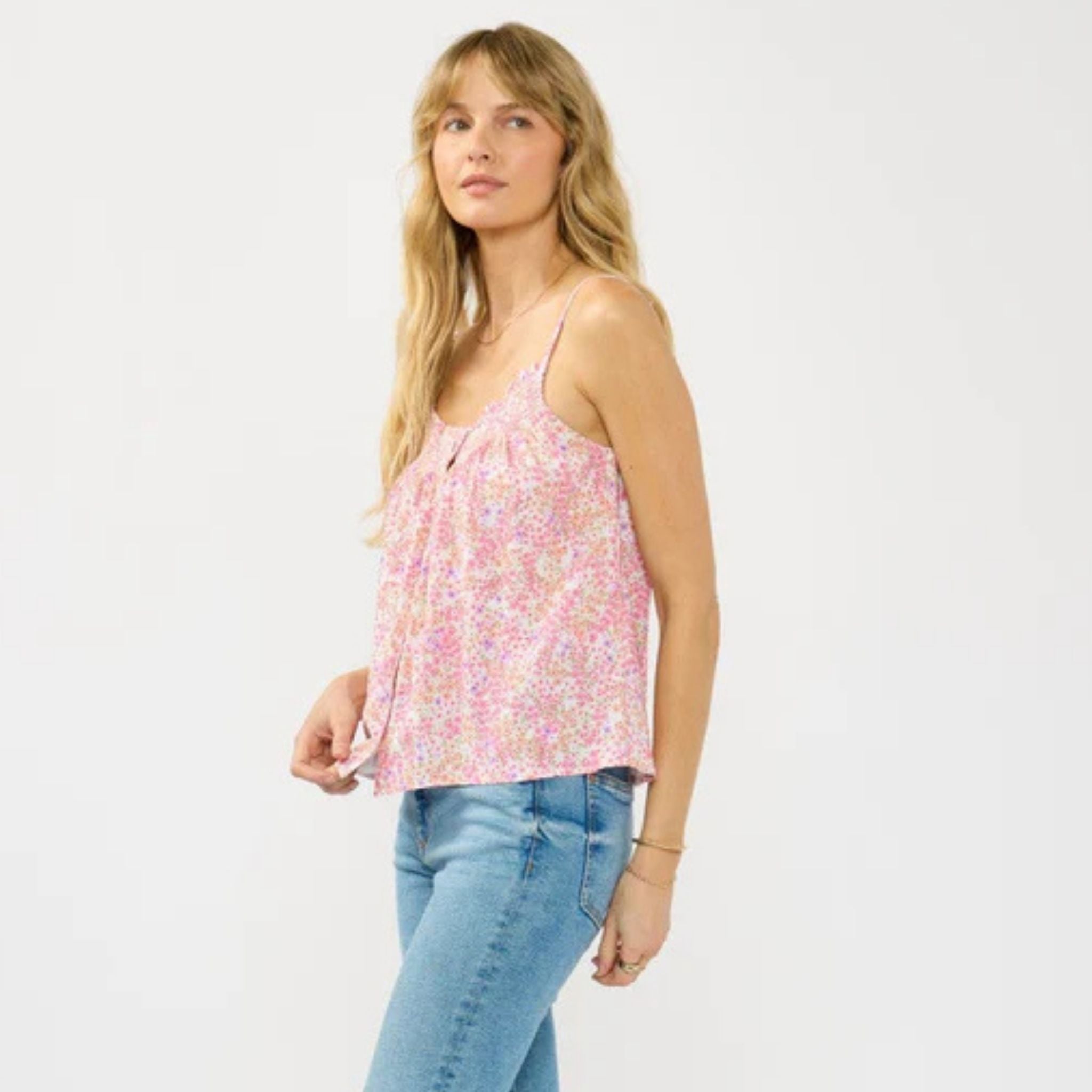 Sunlight Petal Print Spaghetti Strap Button Down Cami Top