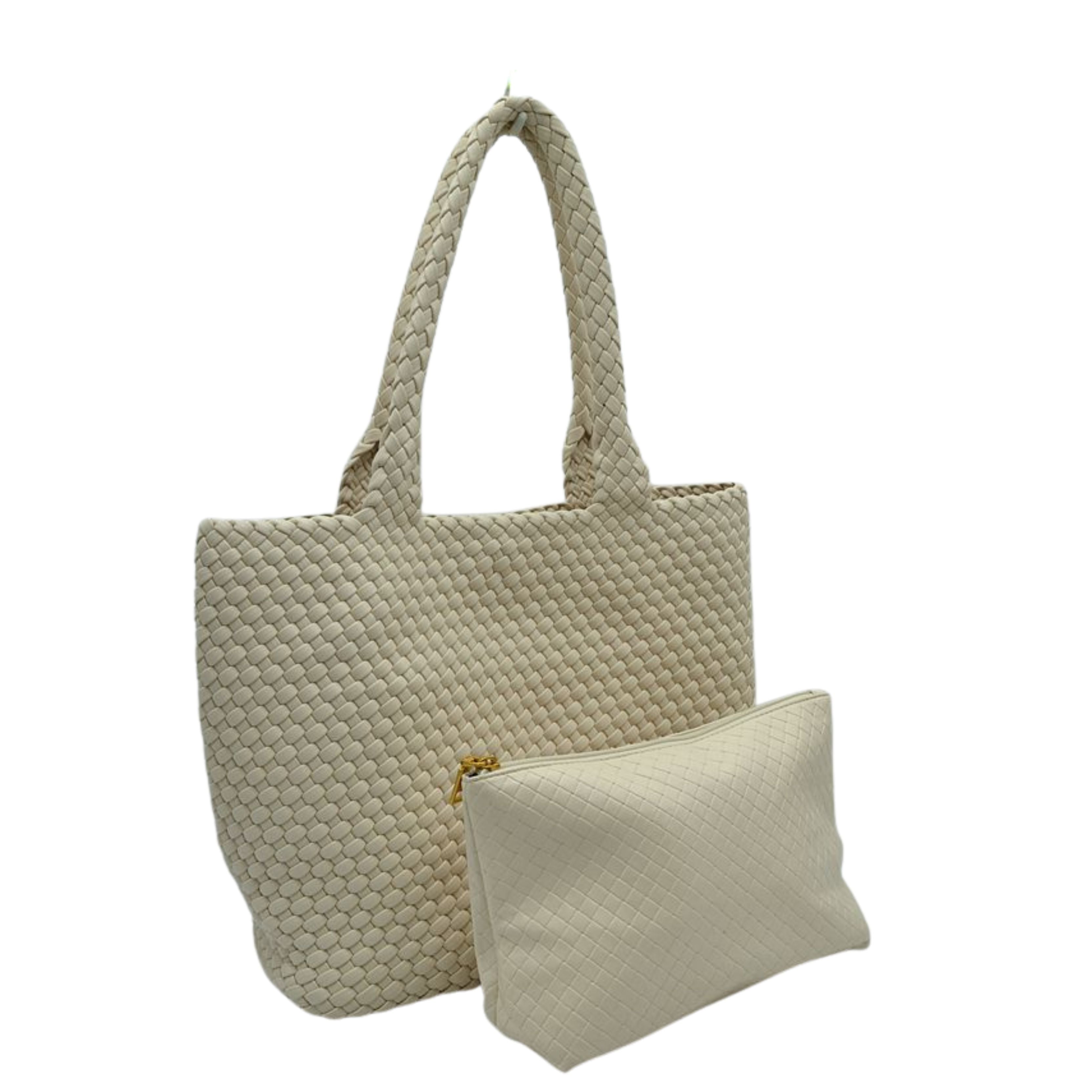 Beige woven handbag with matching pouch on a white background