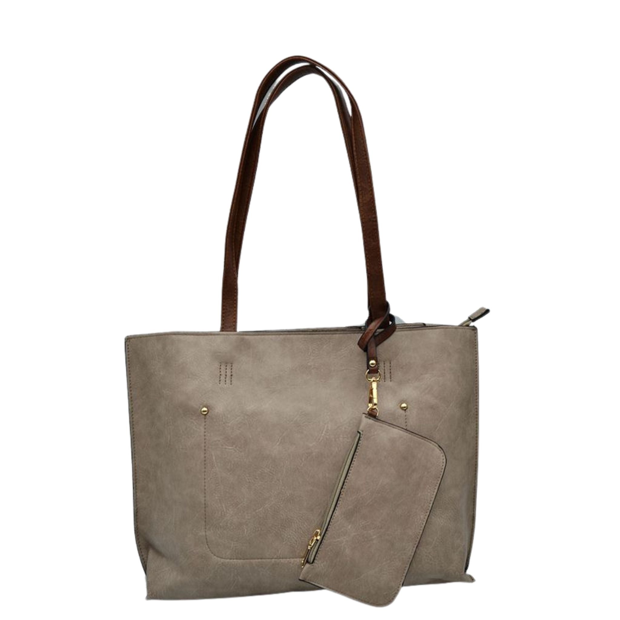Gray tote bag with brown handle and matching pouch on a white background