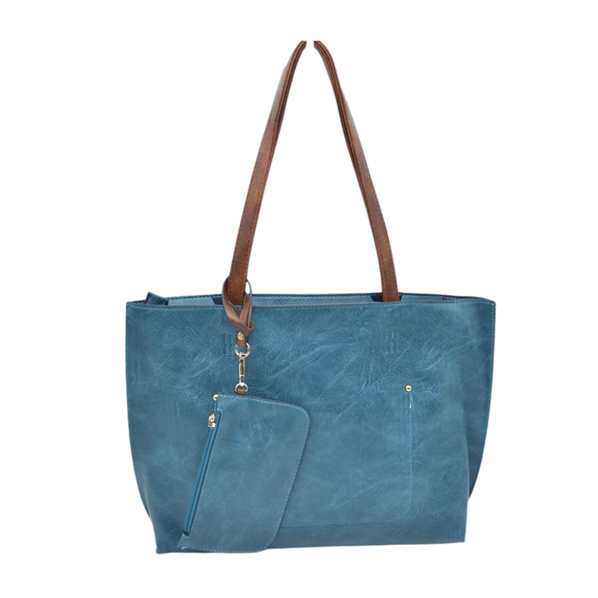 Blue tote bag with brown handles on a white background