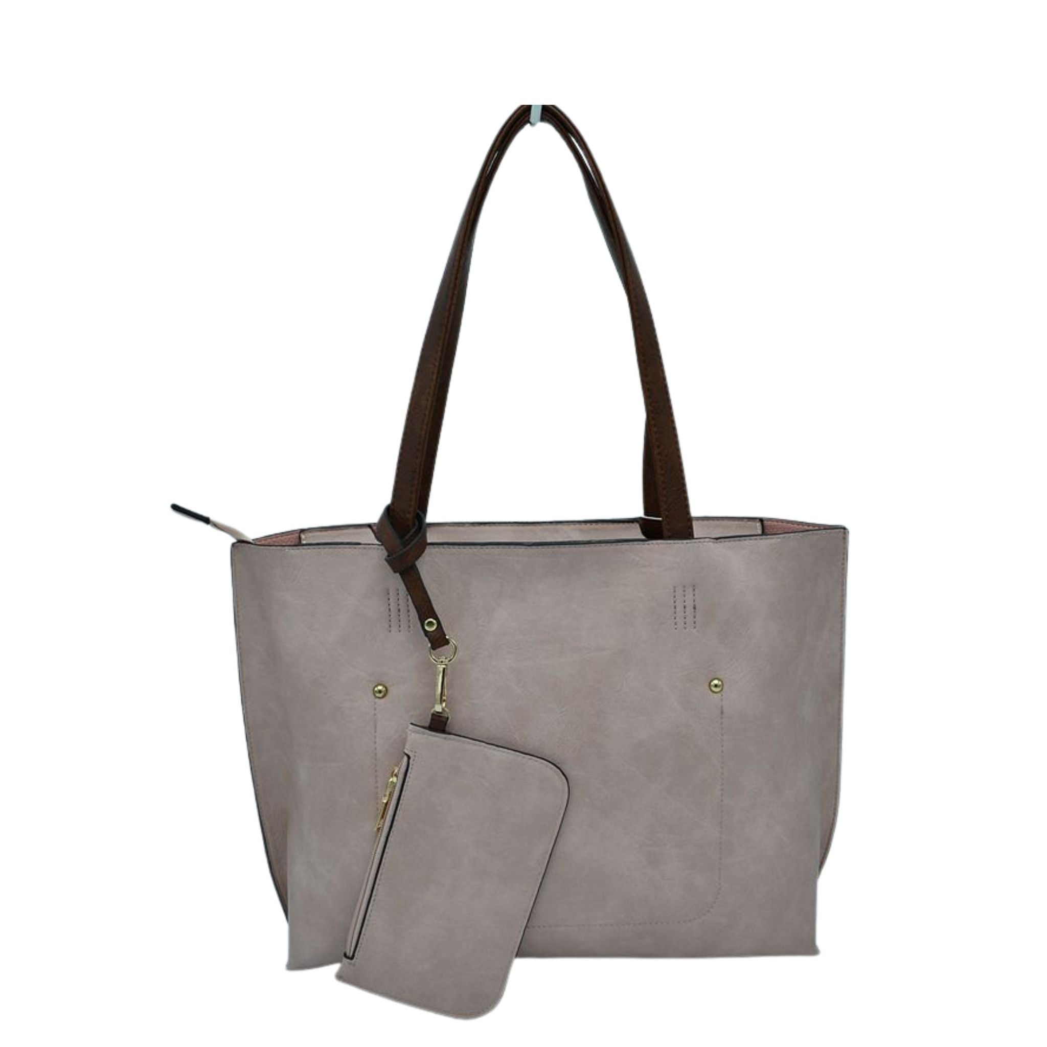 Gray tote bag with brown handle and matching pouch on a white background