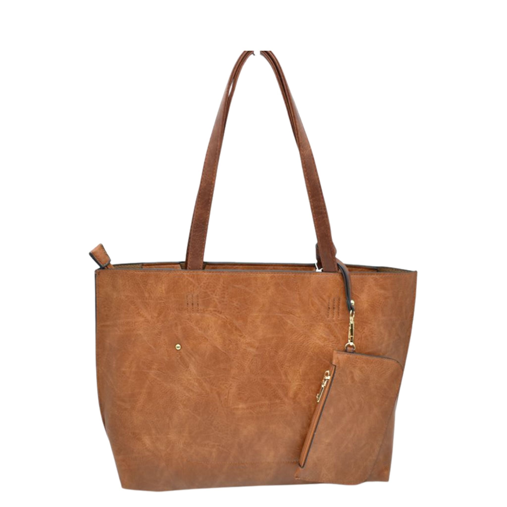 Brown leather tote bag on a white background