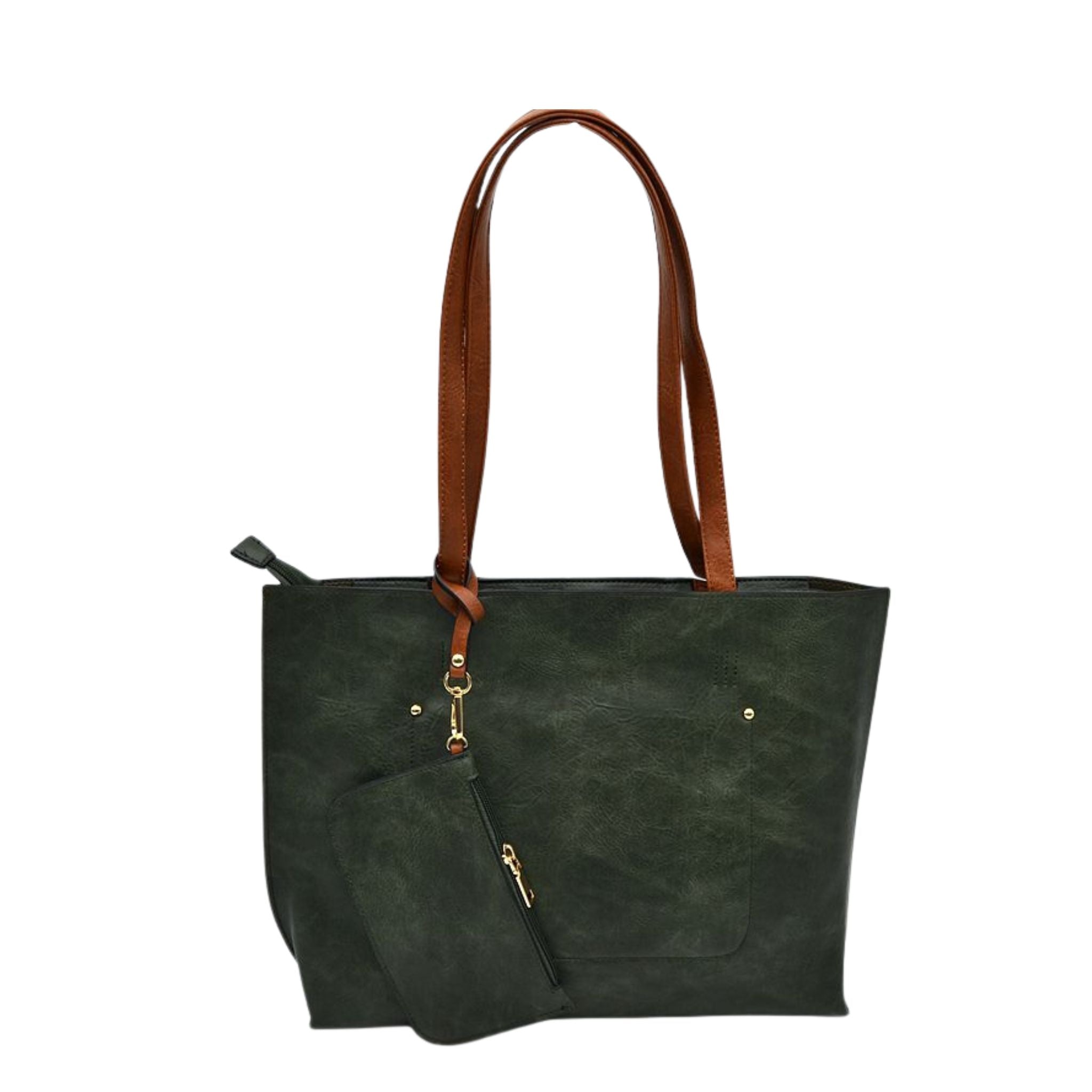 Green handbag with brown handles on a white background