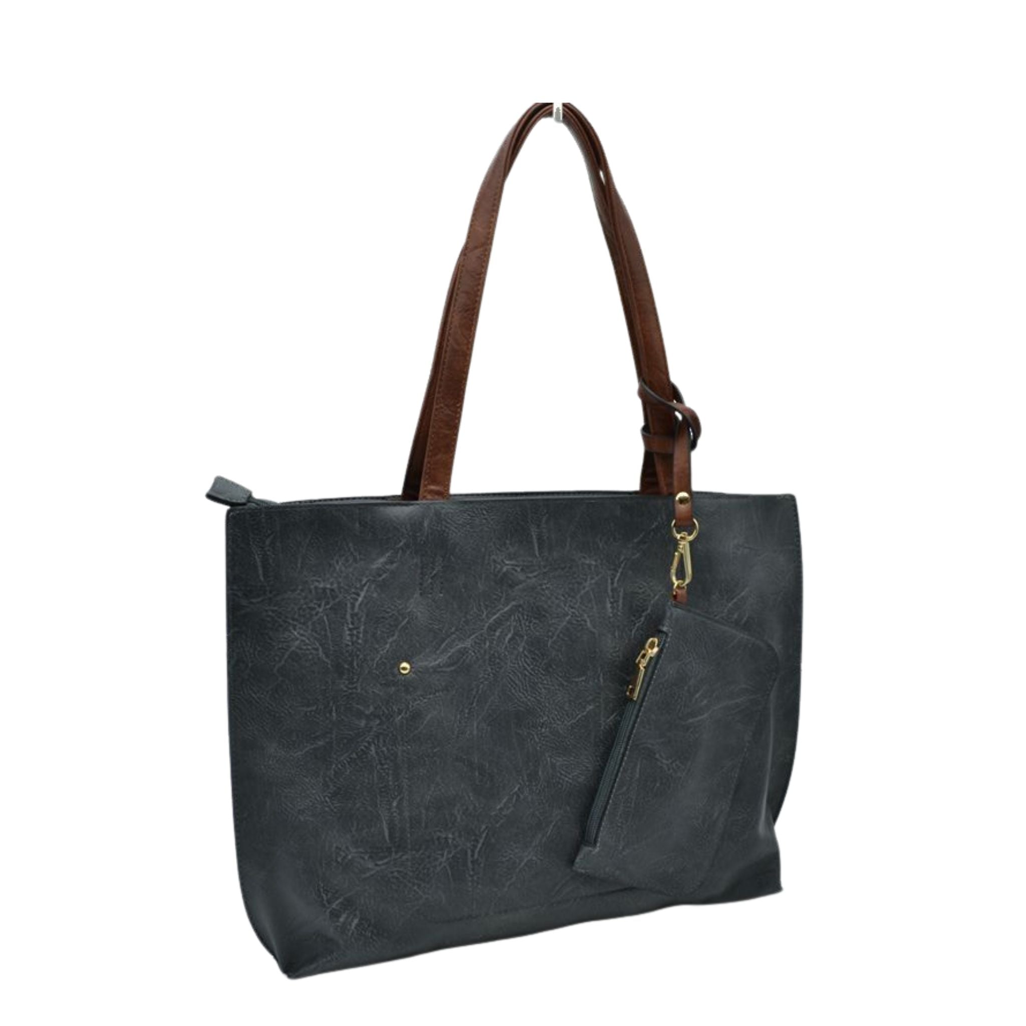 Black leather tote bag with brown handle on a white background