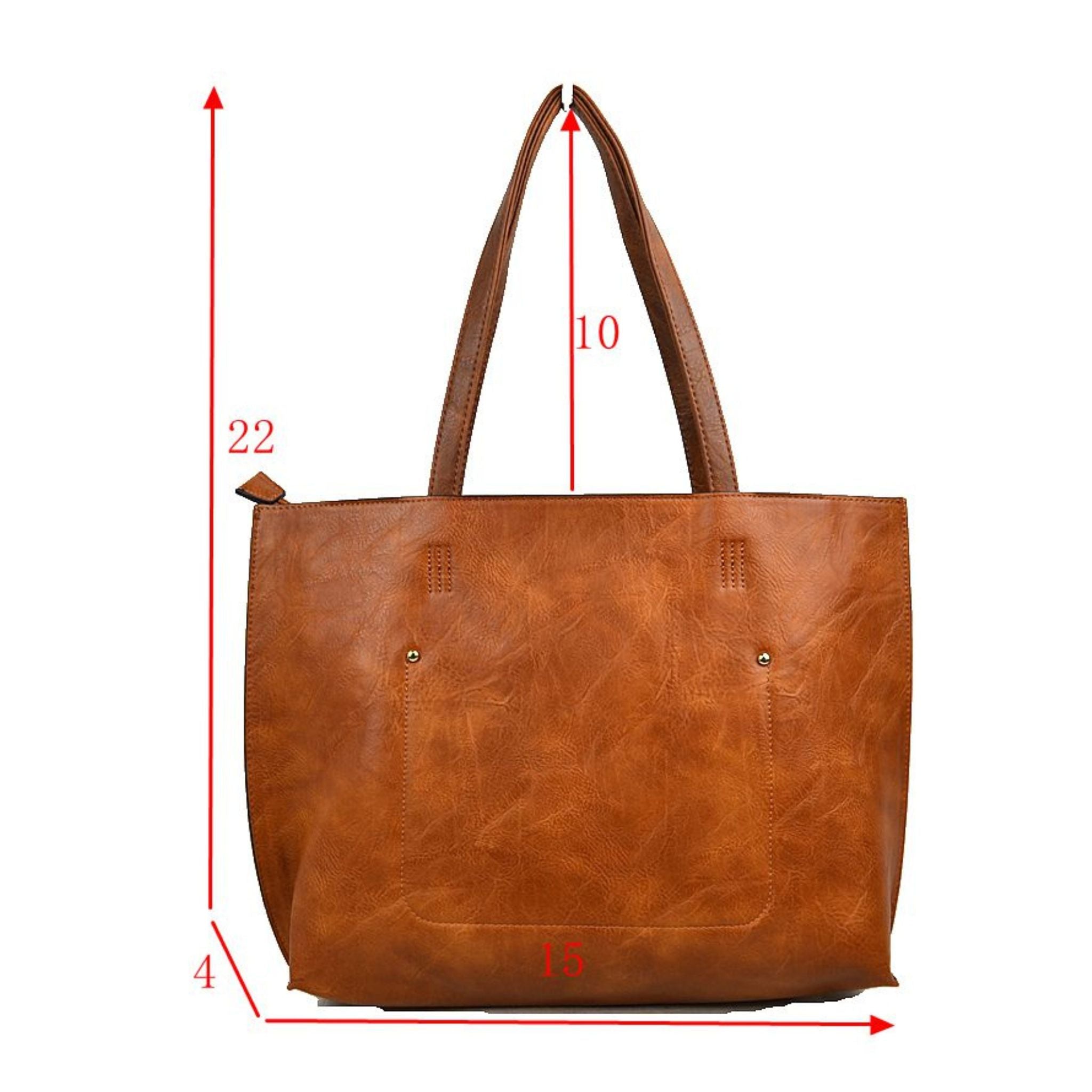 Brown leather tote bag with measurements on a white background