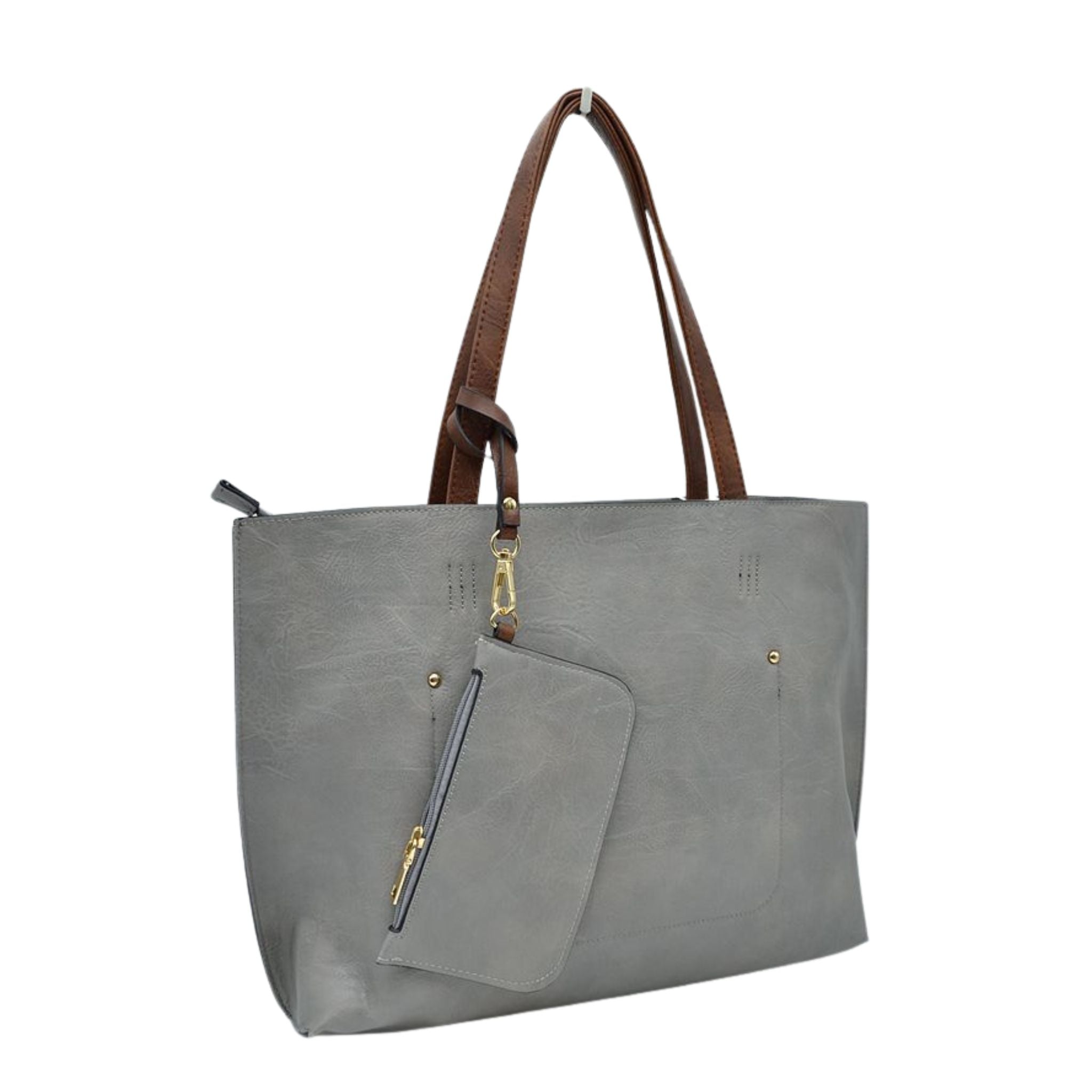 Gray tote bag with brown handles on a white background