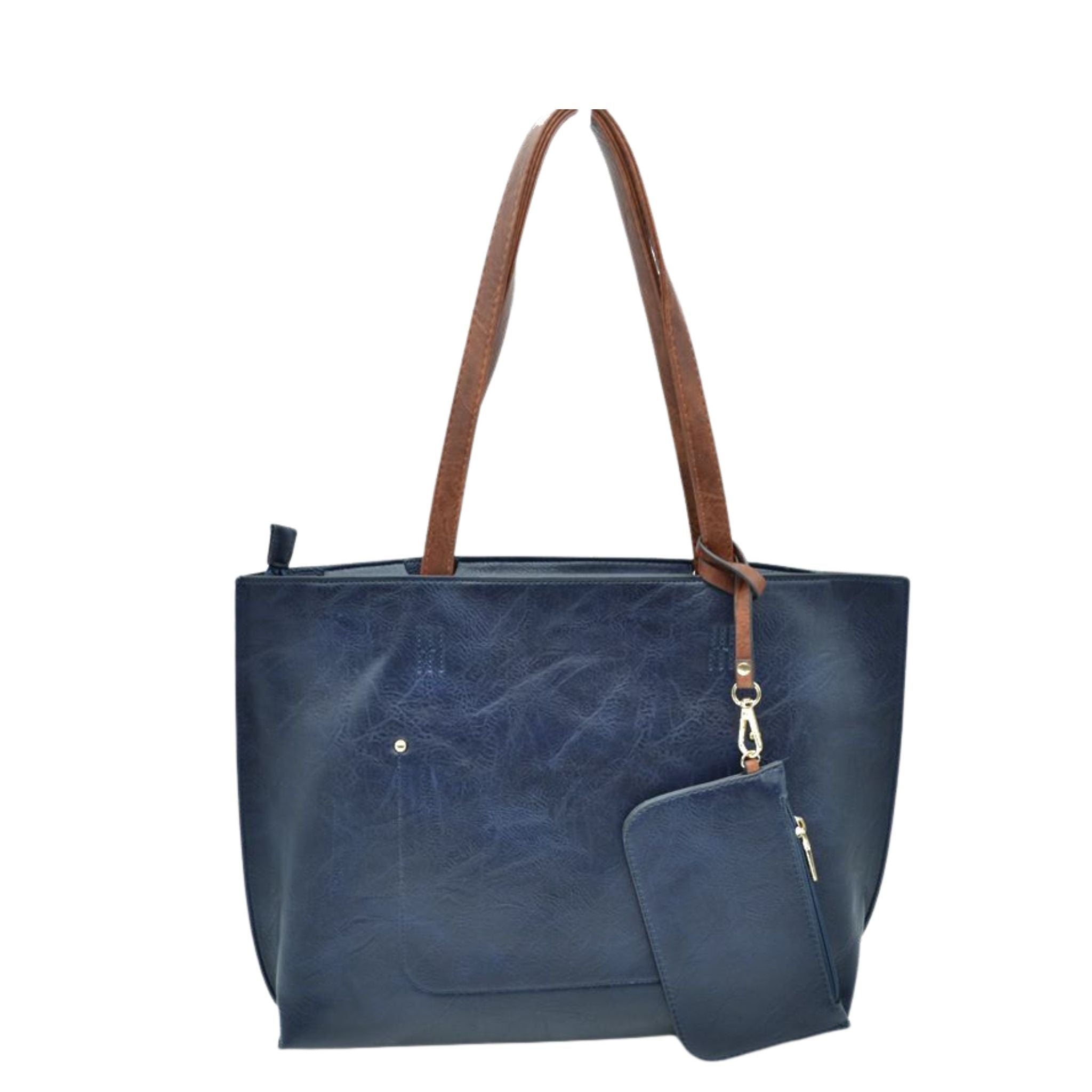 Blue tote bag with brown handles and matching pouch on a white background