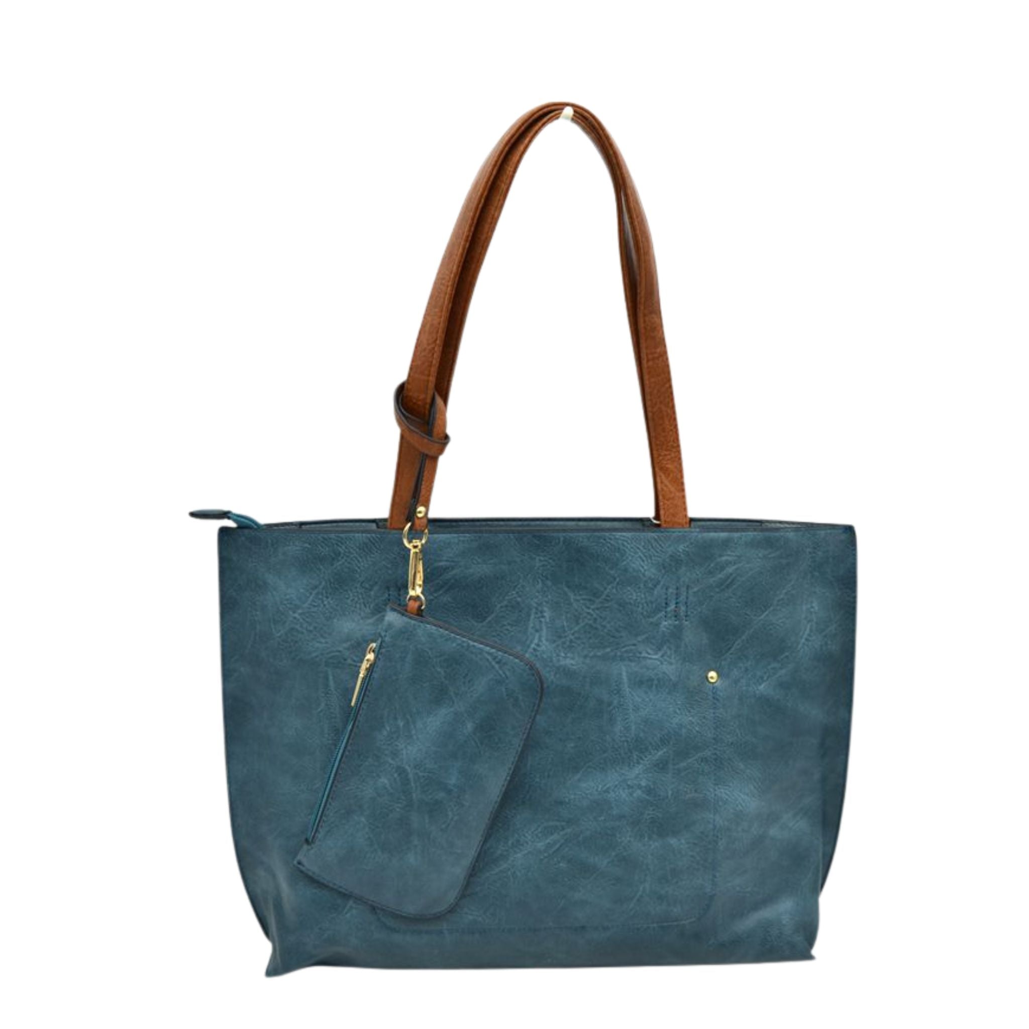 Blue handbag with brown handle on a white background