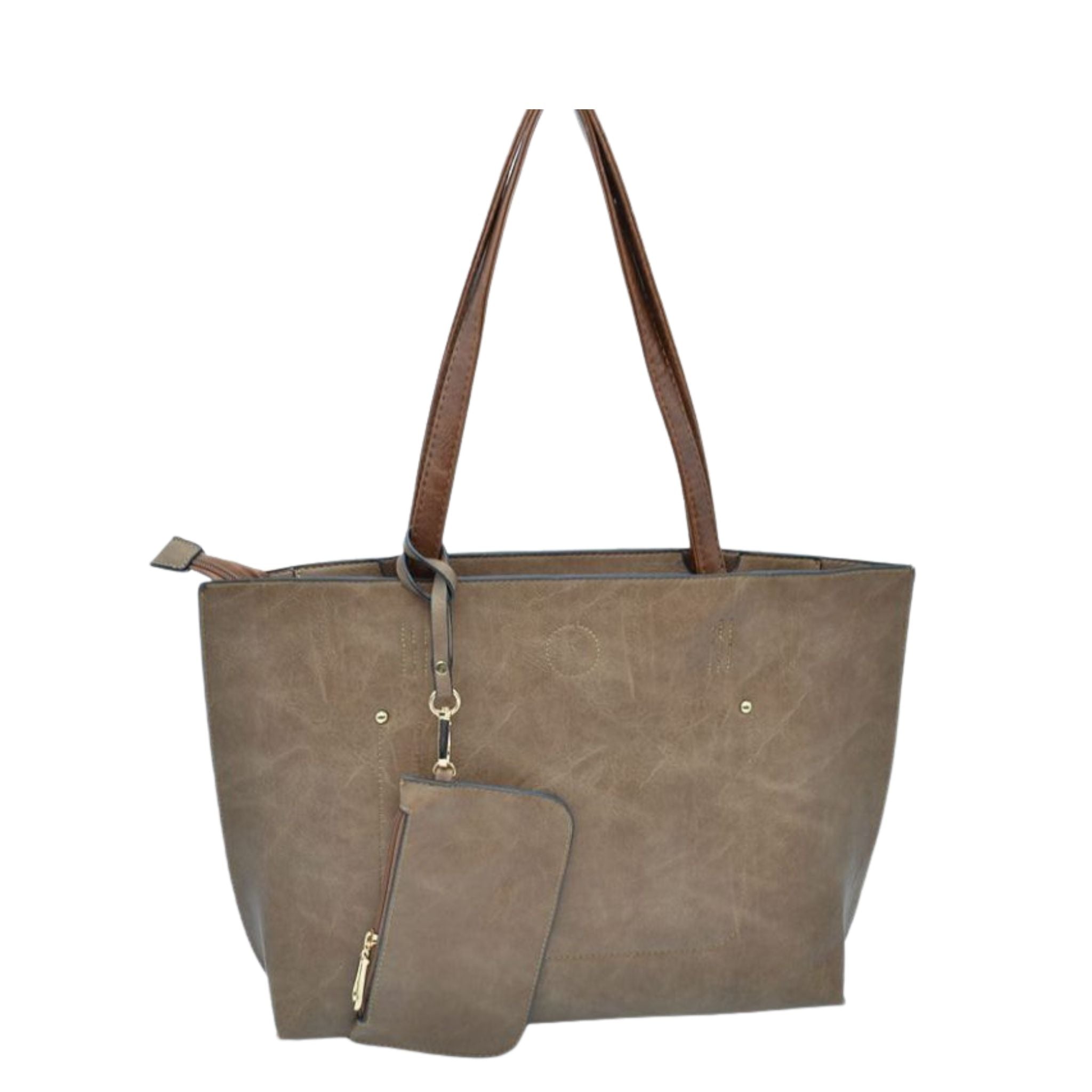 Brown tote bag with matching wallet on a white background