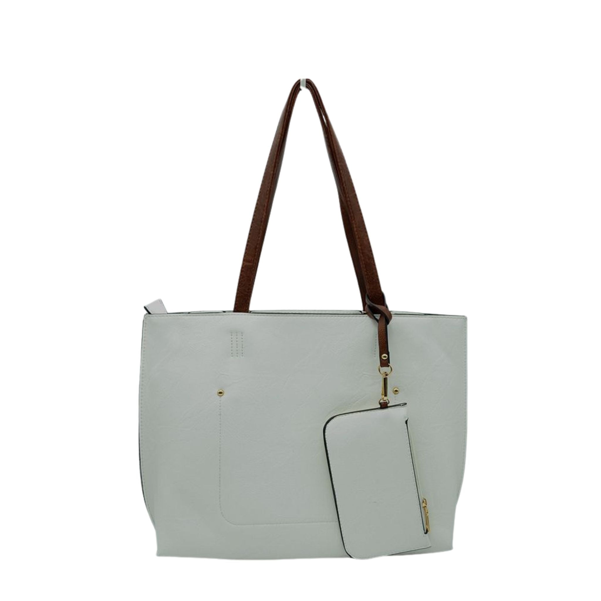 White tote bag with brown handles on a white background