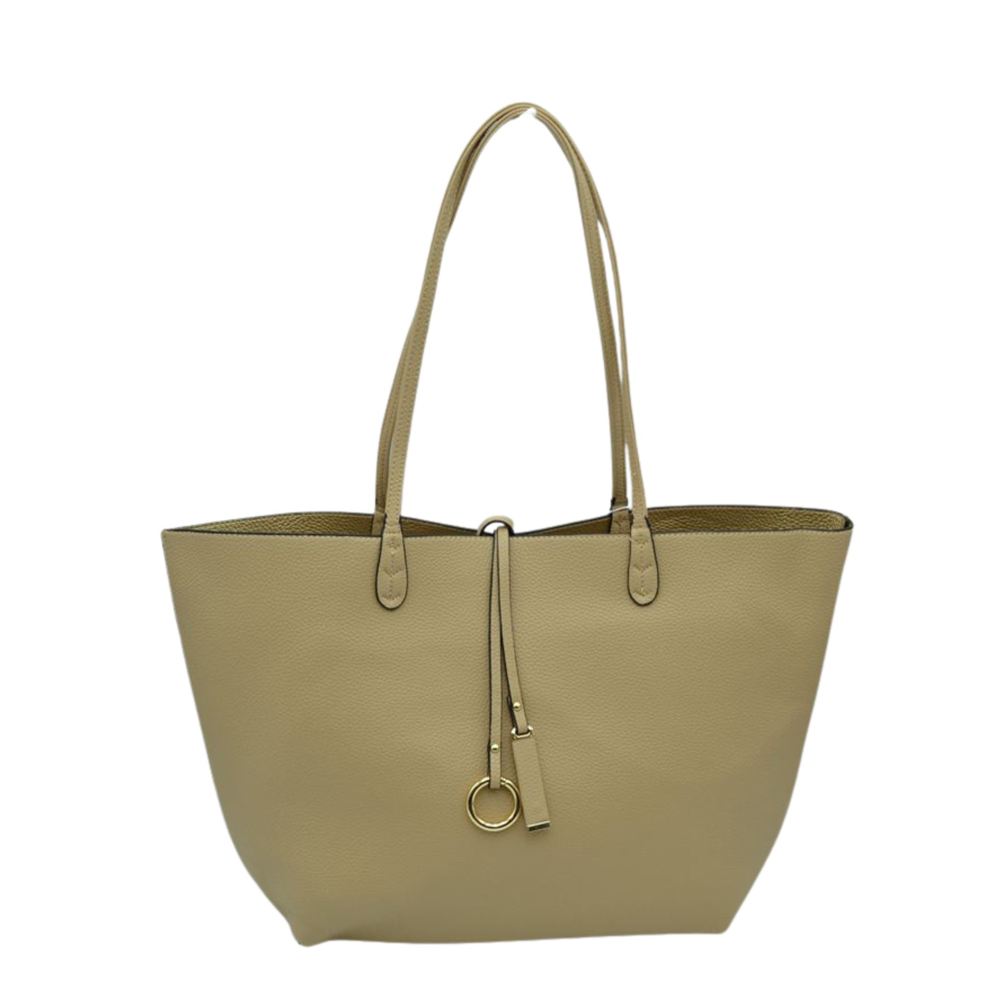 Beige tote bag with a handle on a white background