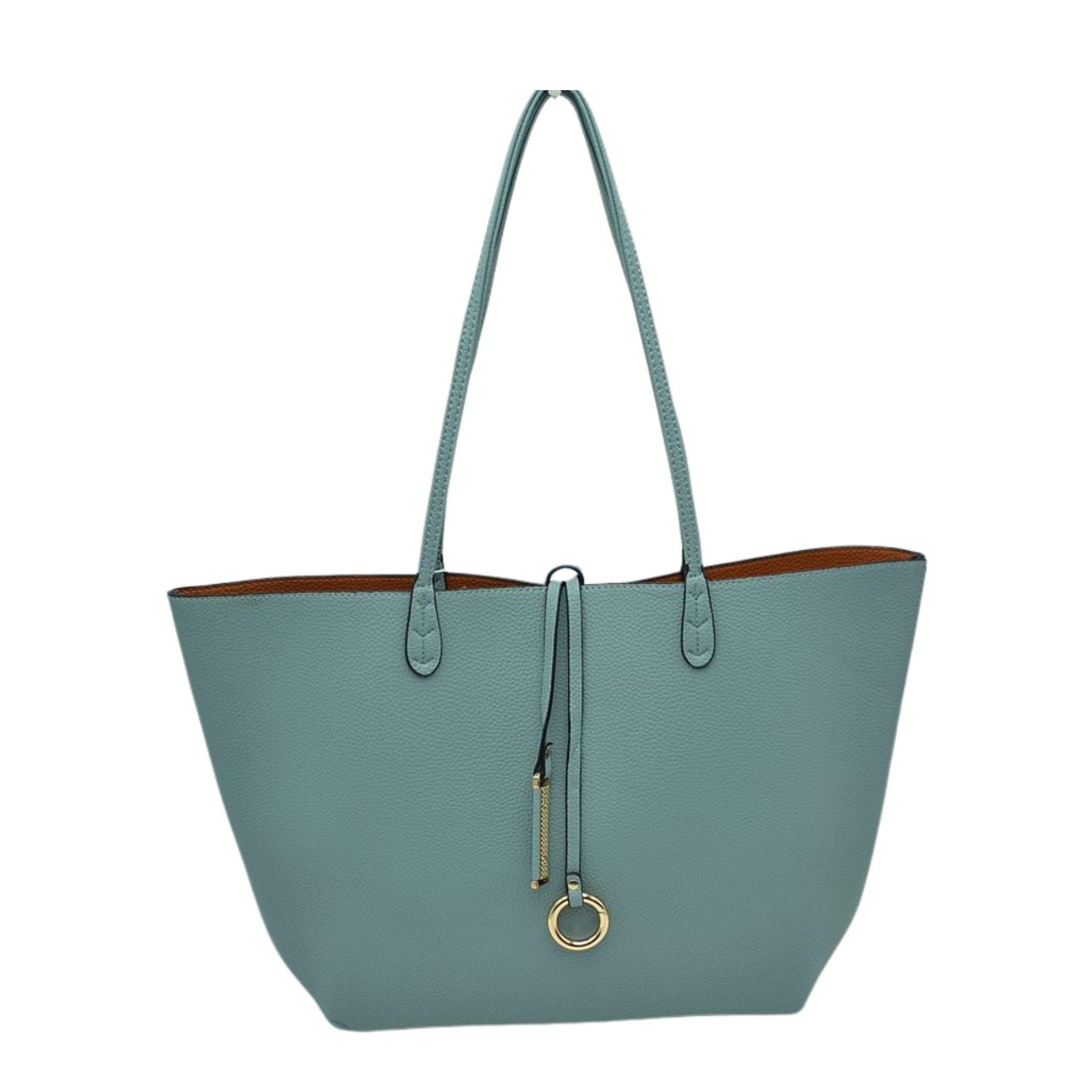 Teal tote bag with a gold ring detail on a white background