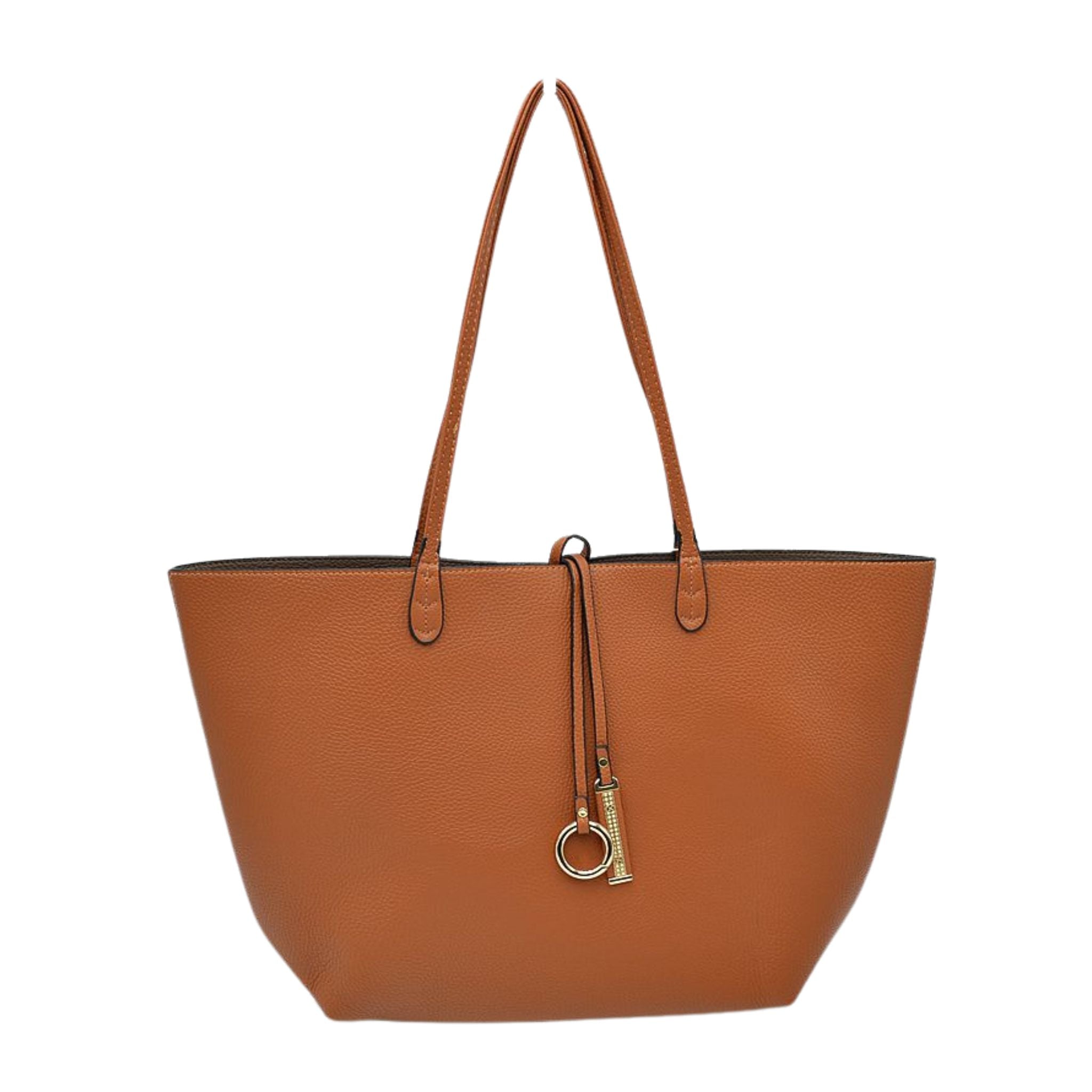 Brown tote bag with a keychain on a white background