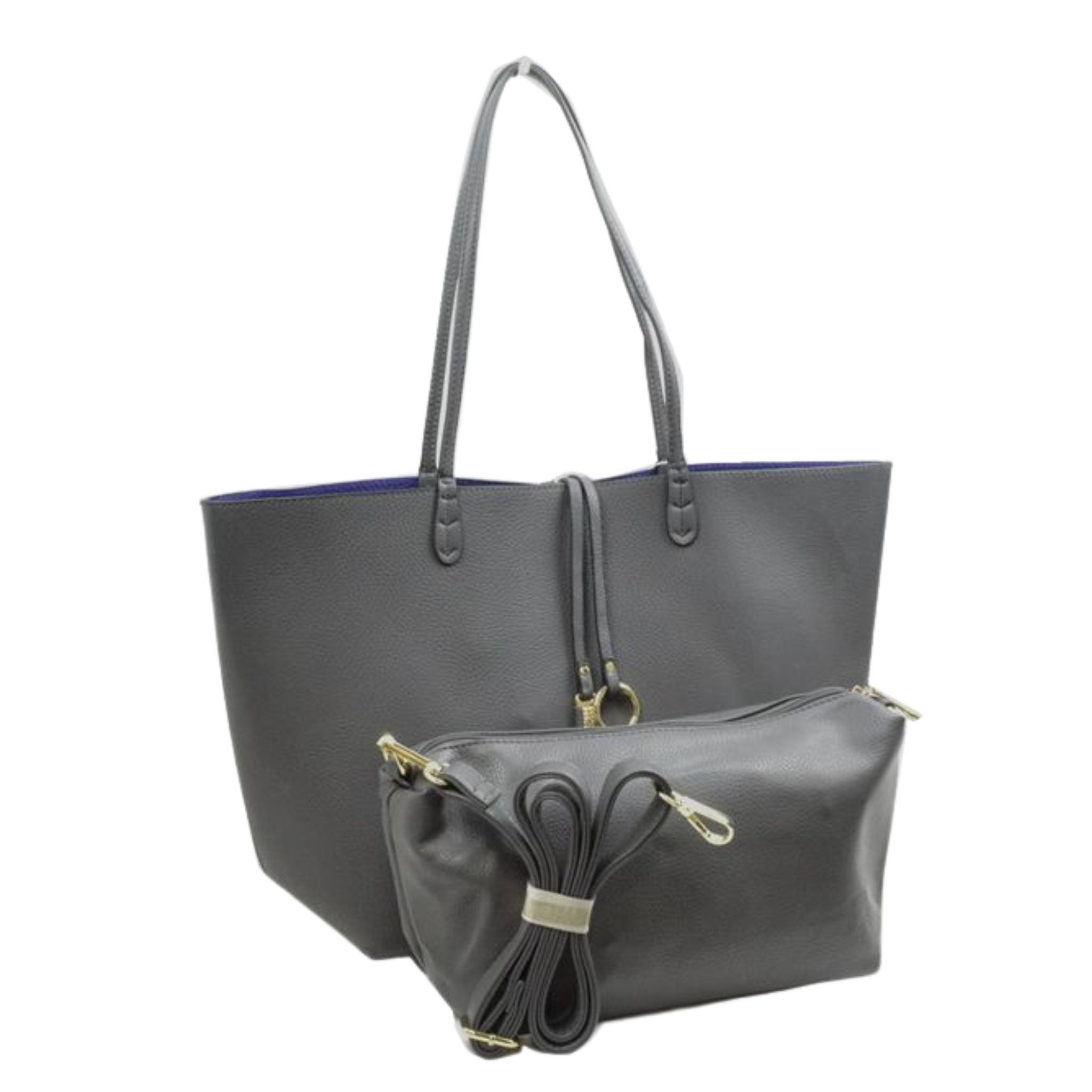 Gray handbag with matching pouch on a white background