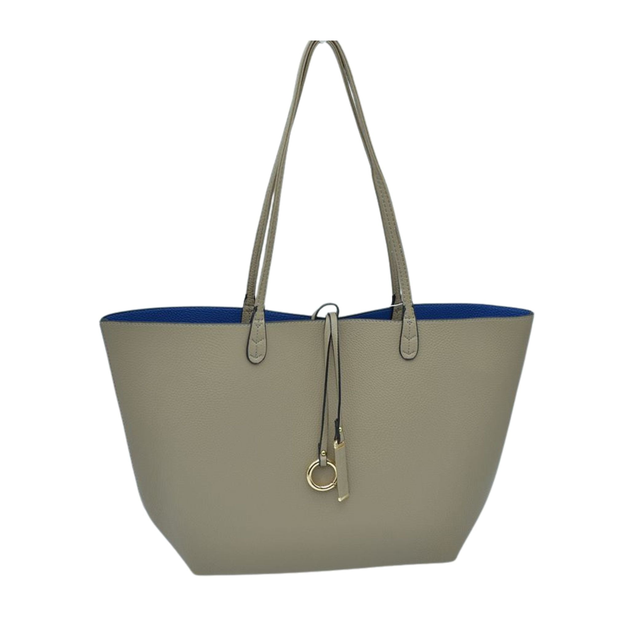 Gray tote bag with a blue interior on a white background
