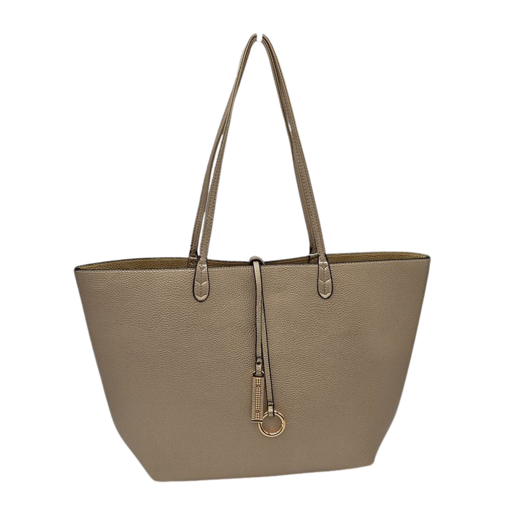 Beige tote bag with a gold zipper pull on a white background