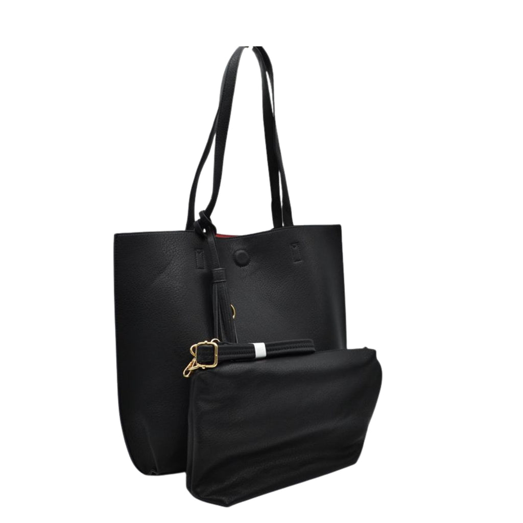 Black tote bag with a strap on a white background