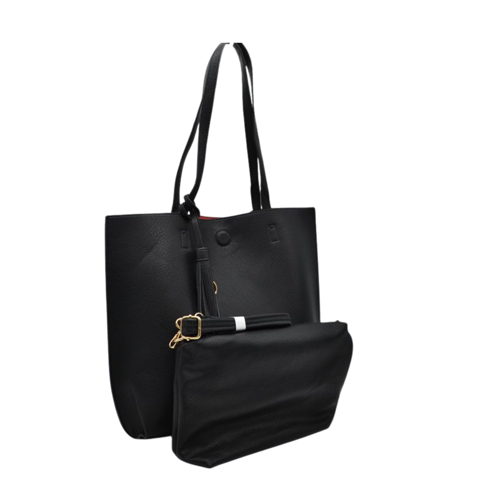 Black tote bag with a strap on a white background