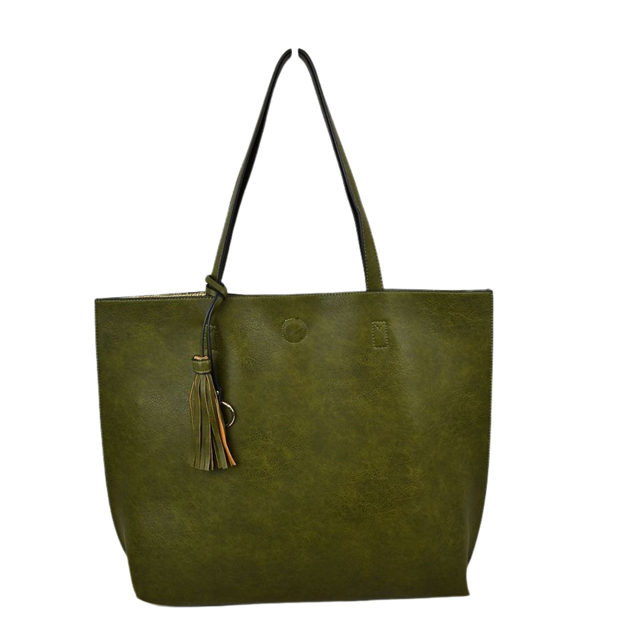 Green tote bag with a tassel on a white background