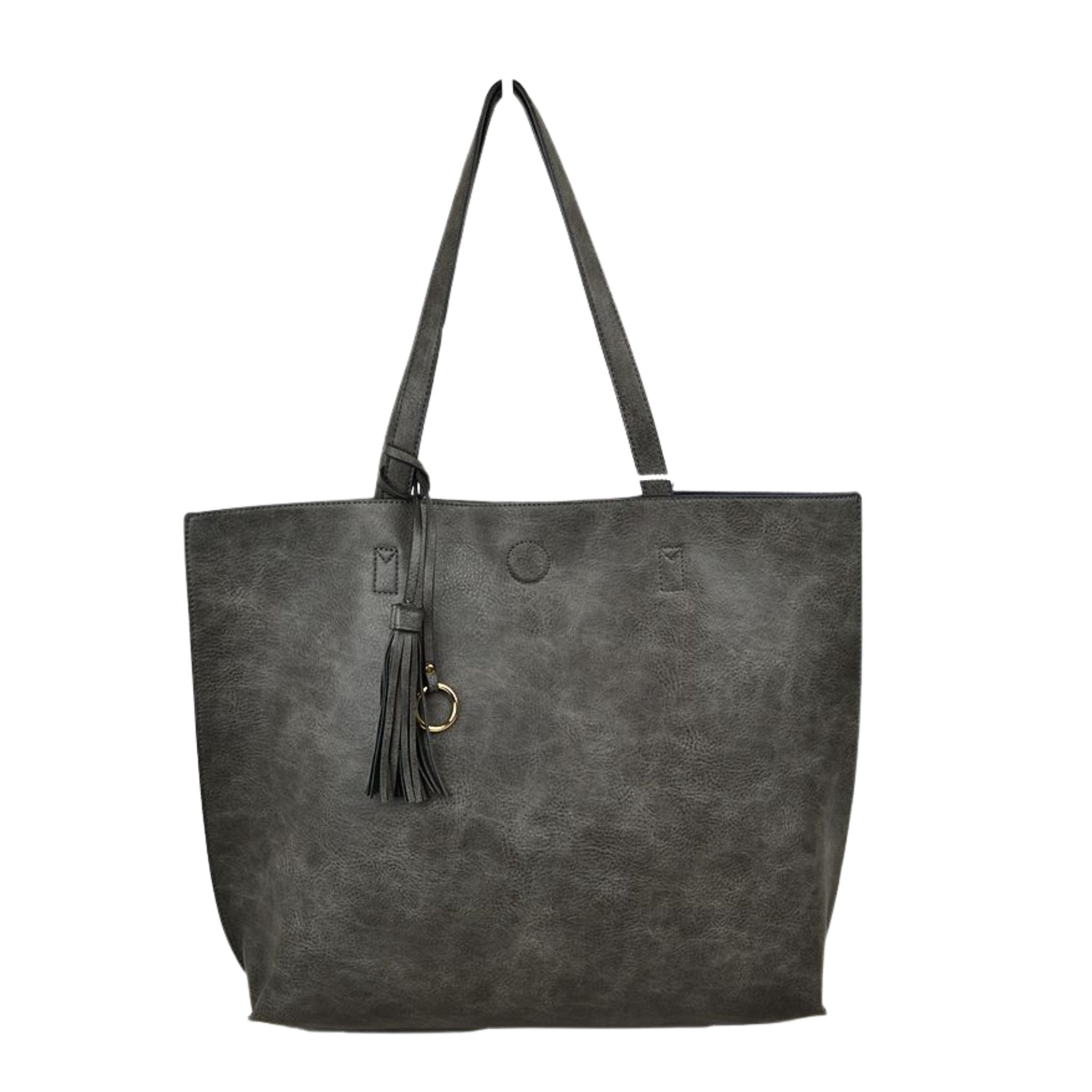 Gray tote bag with a strap and tassel on a white background