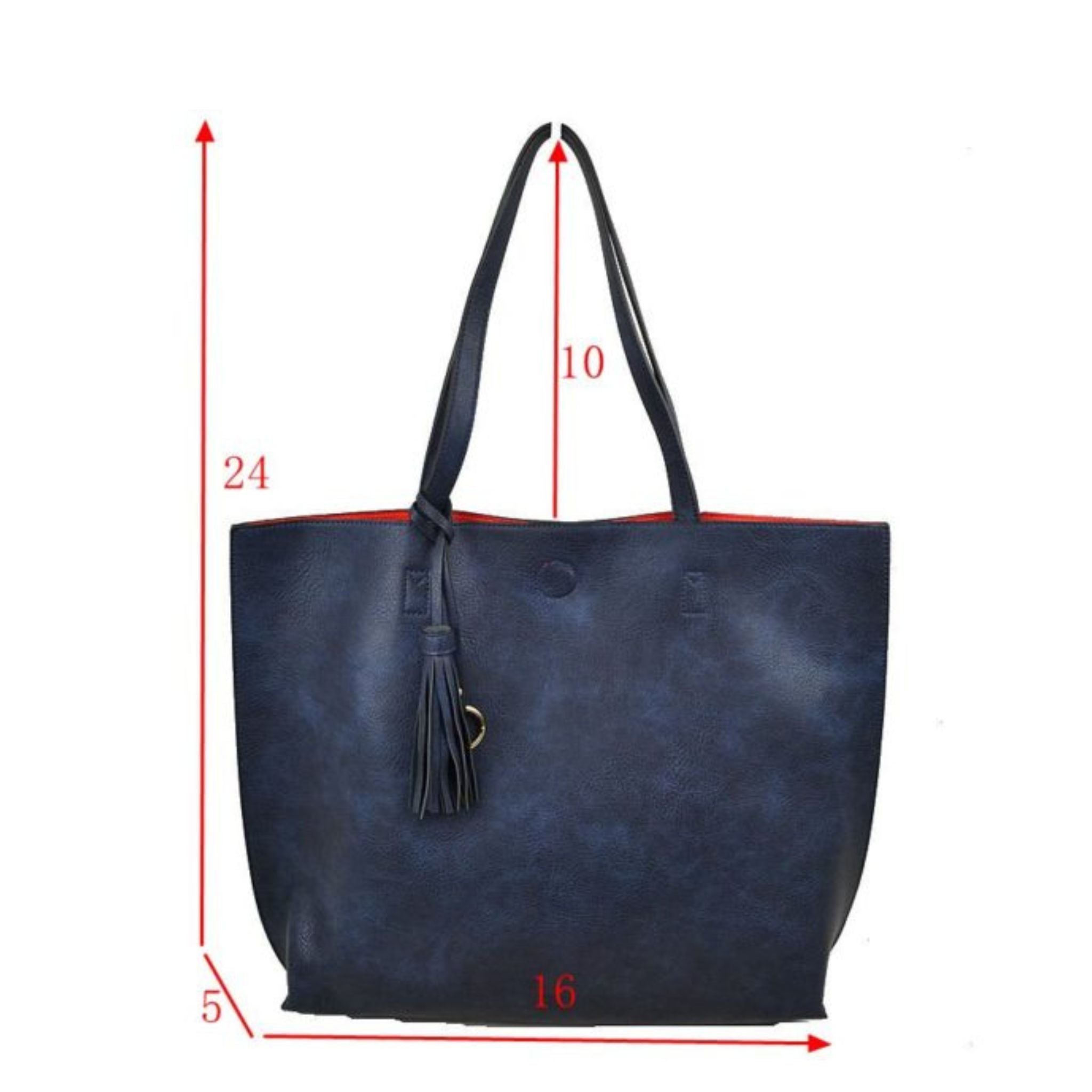 Blue tote bag with measurements on a white background