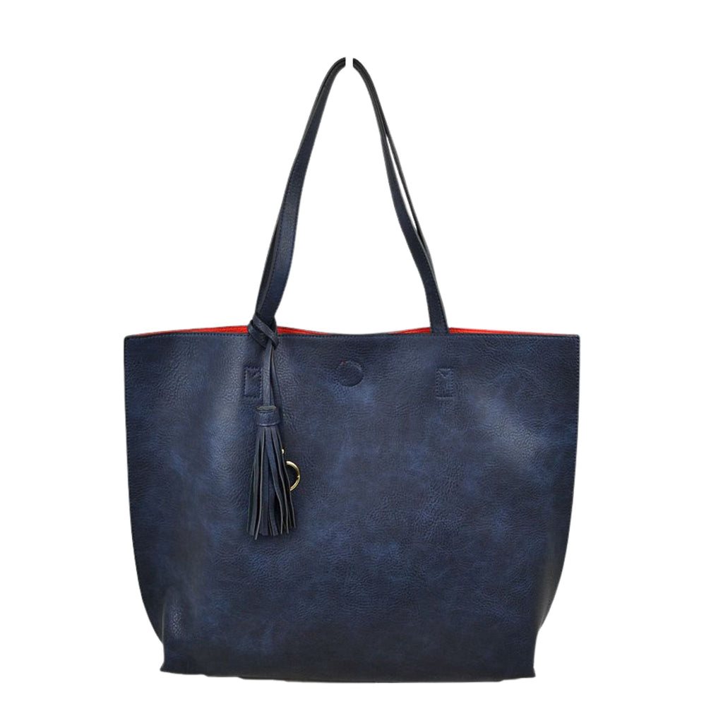 Blue tote bag with a tassel on a white background