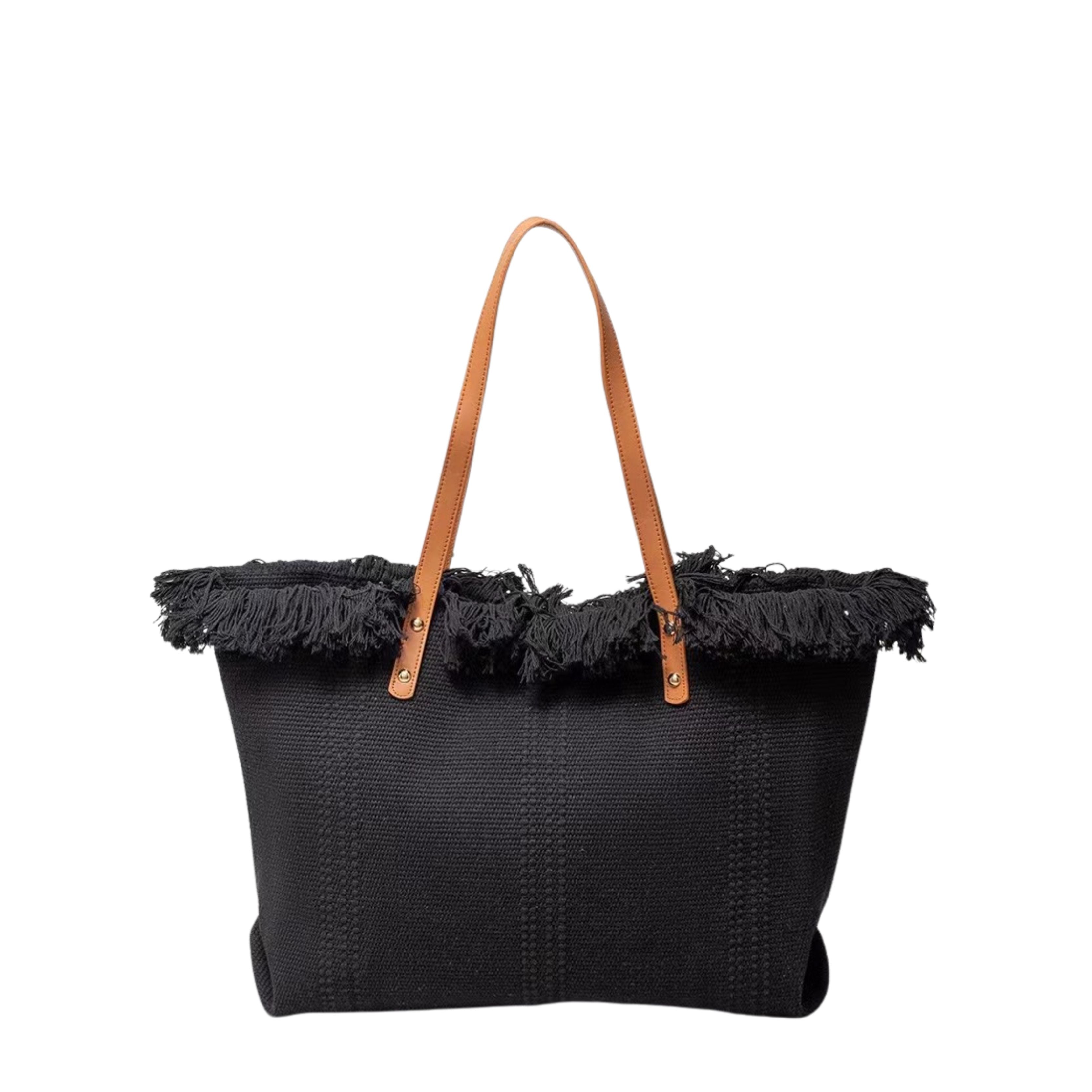 Black woven tote bag with frayed edges and brown leather straps on a white background
