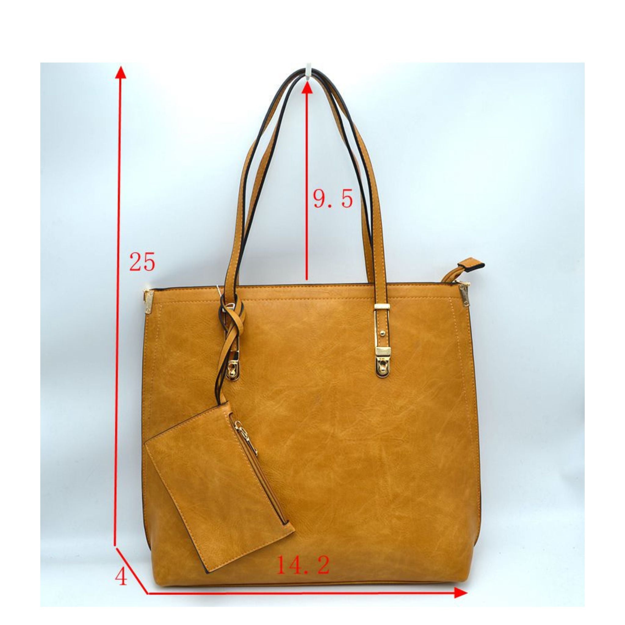 Brown tote bag with measurements on a light blue background