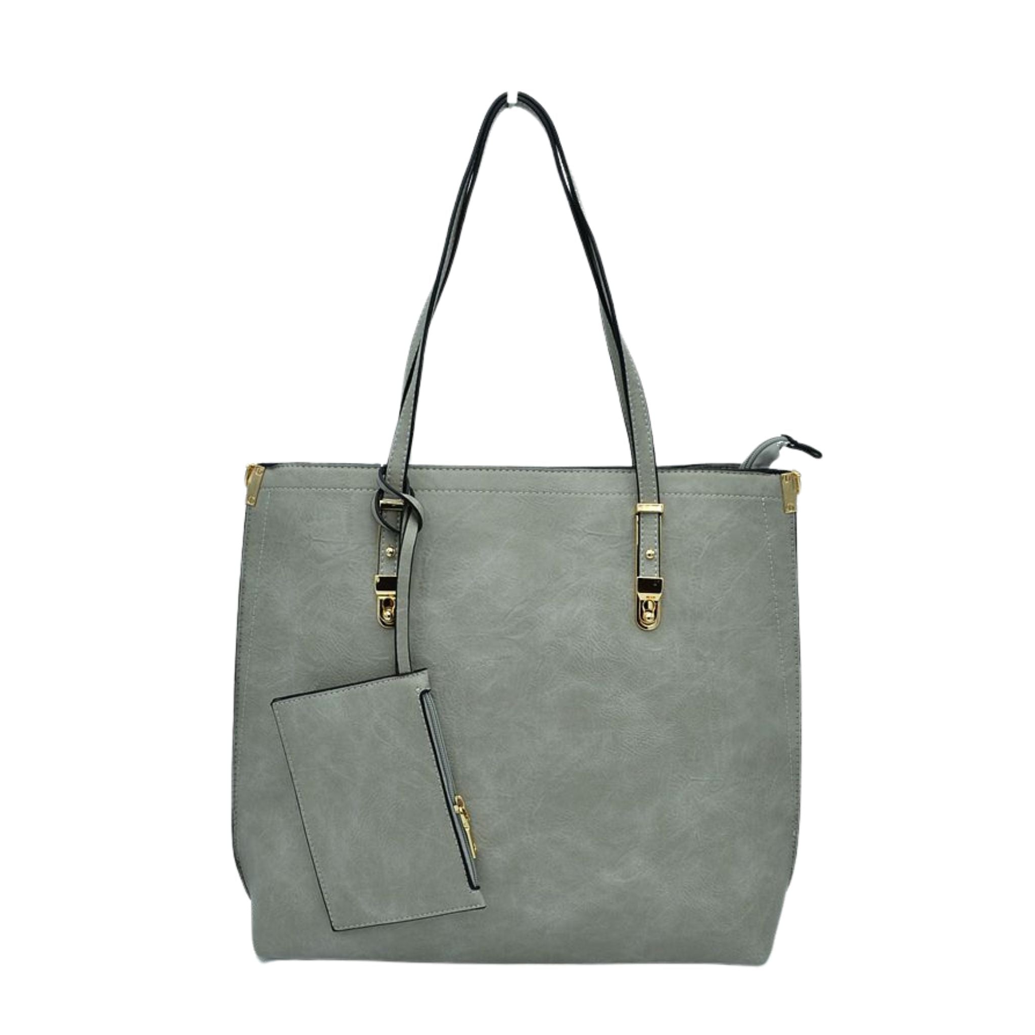 Gray tote bag with a matching pouch on a white background