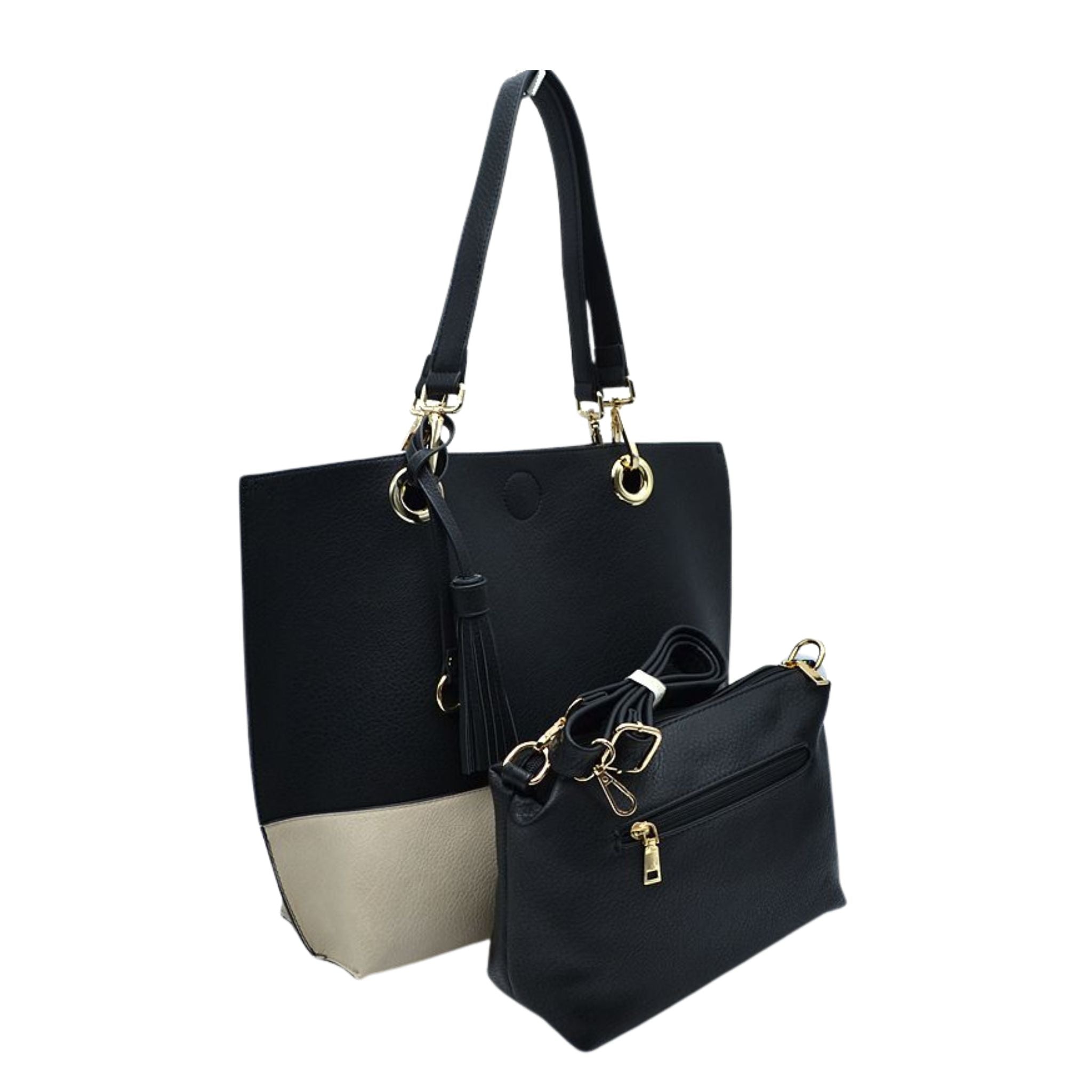 Black and beige handbag with a smaller black pouch on a white background