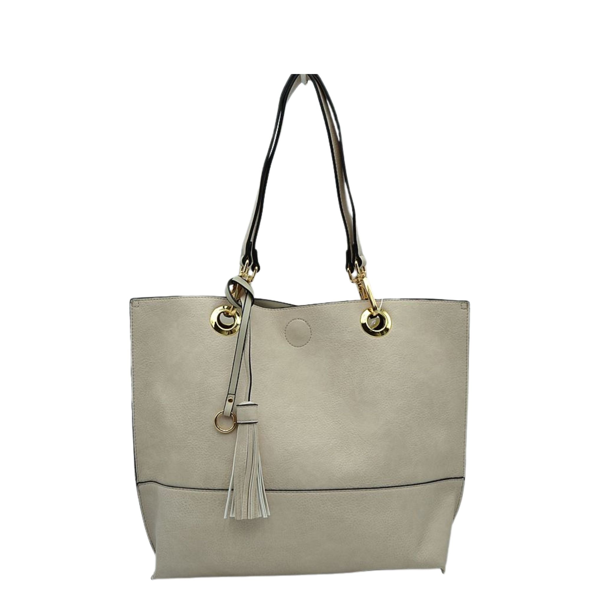 Gray tote bag with gold accents on a white background