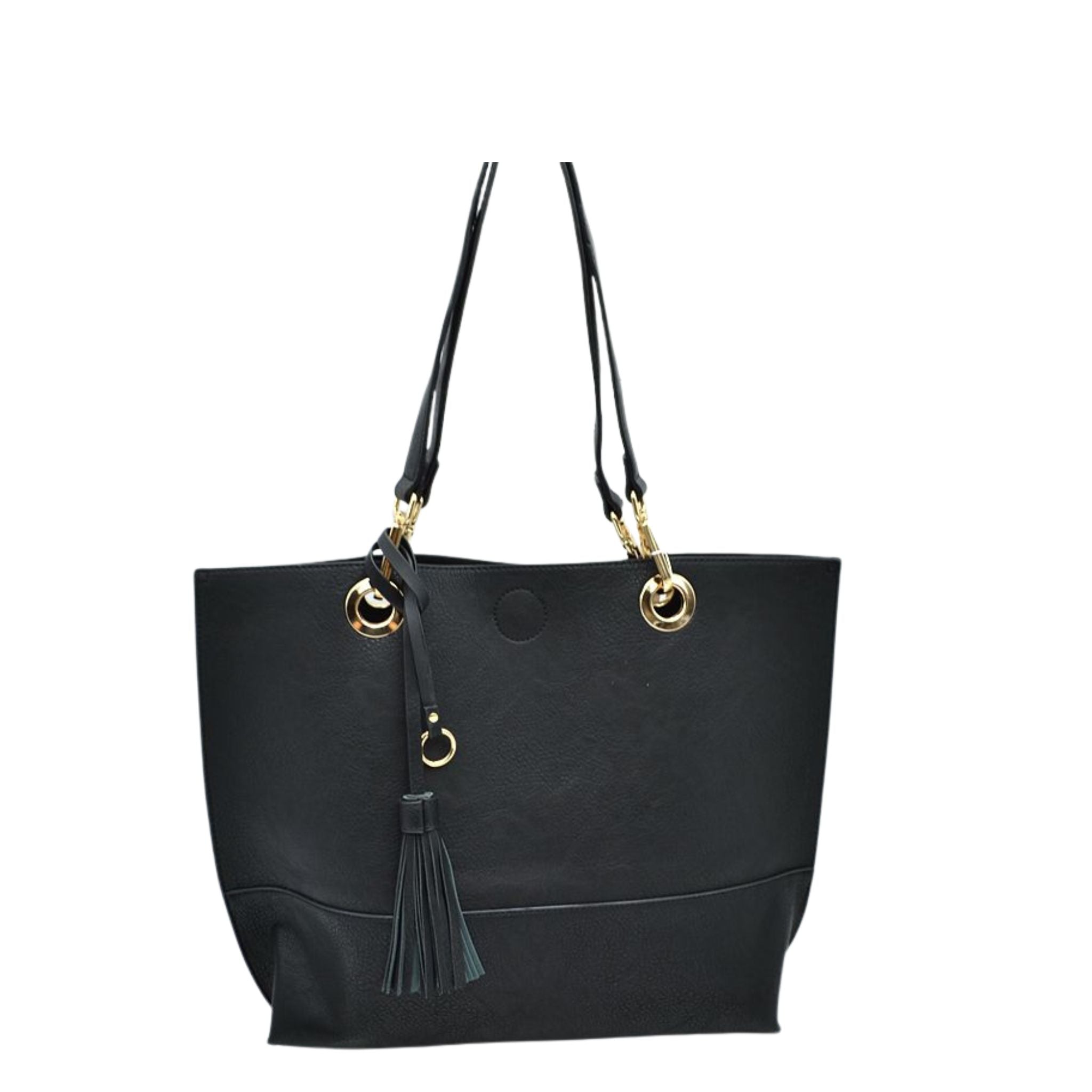 Black tote bag with gold accents and a tassel on a white background