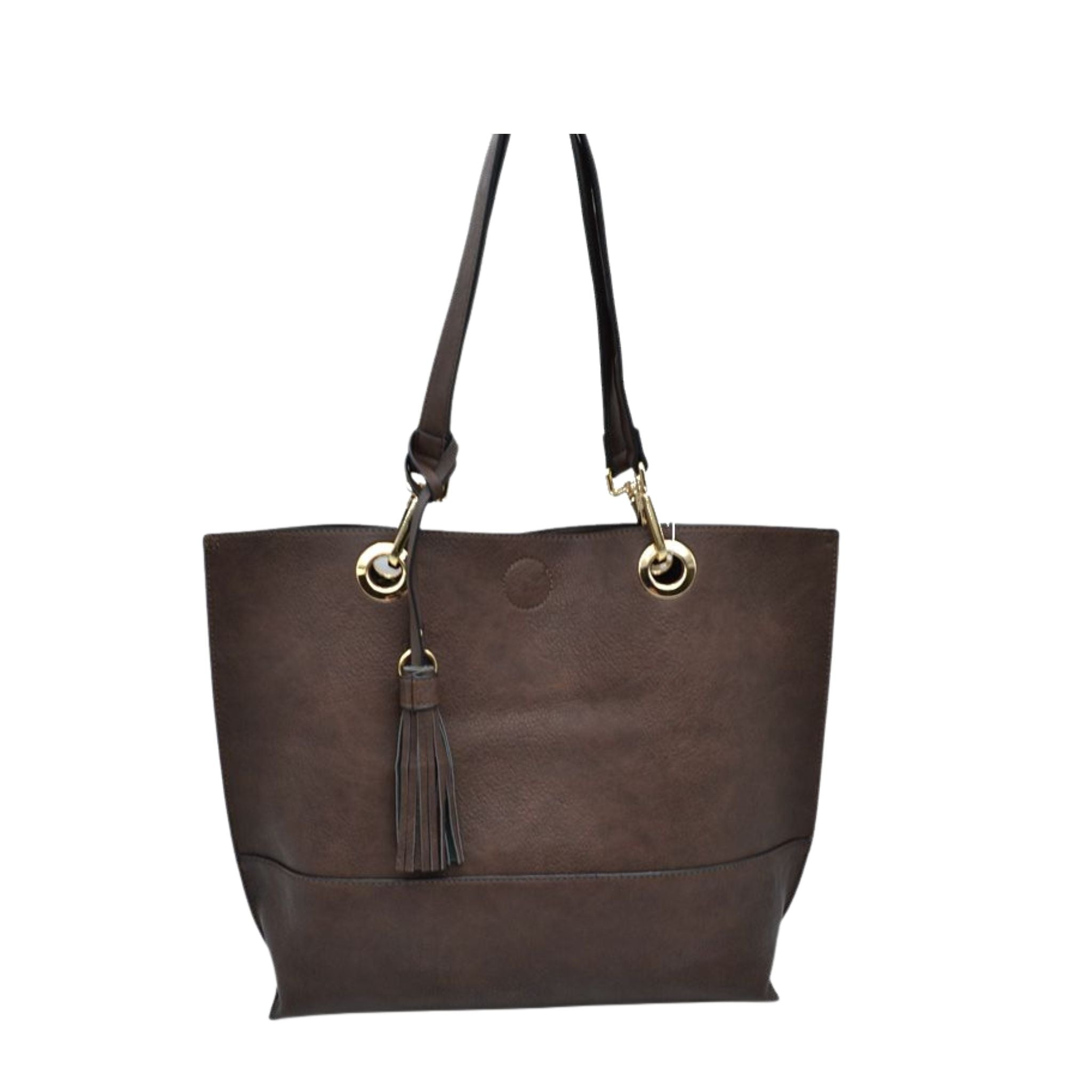 Brown leather tote bag with a tassel on a white background