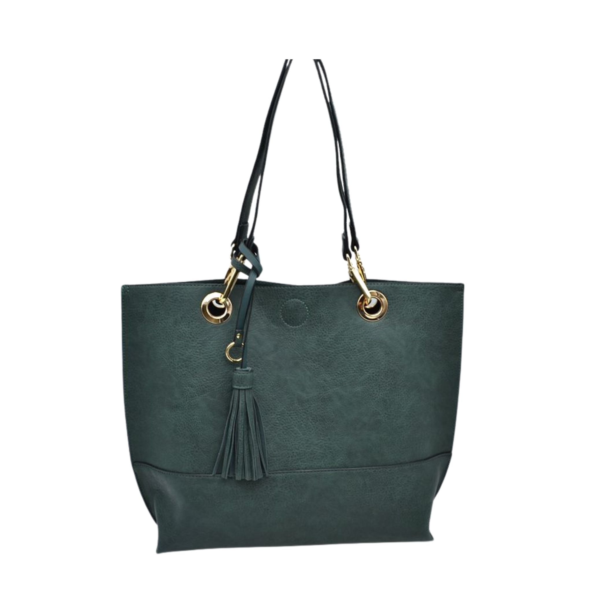 Green handbag with black handles and a tassel on a white background