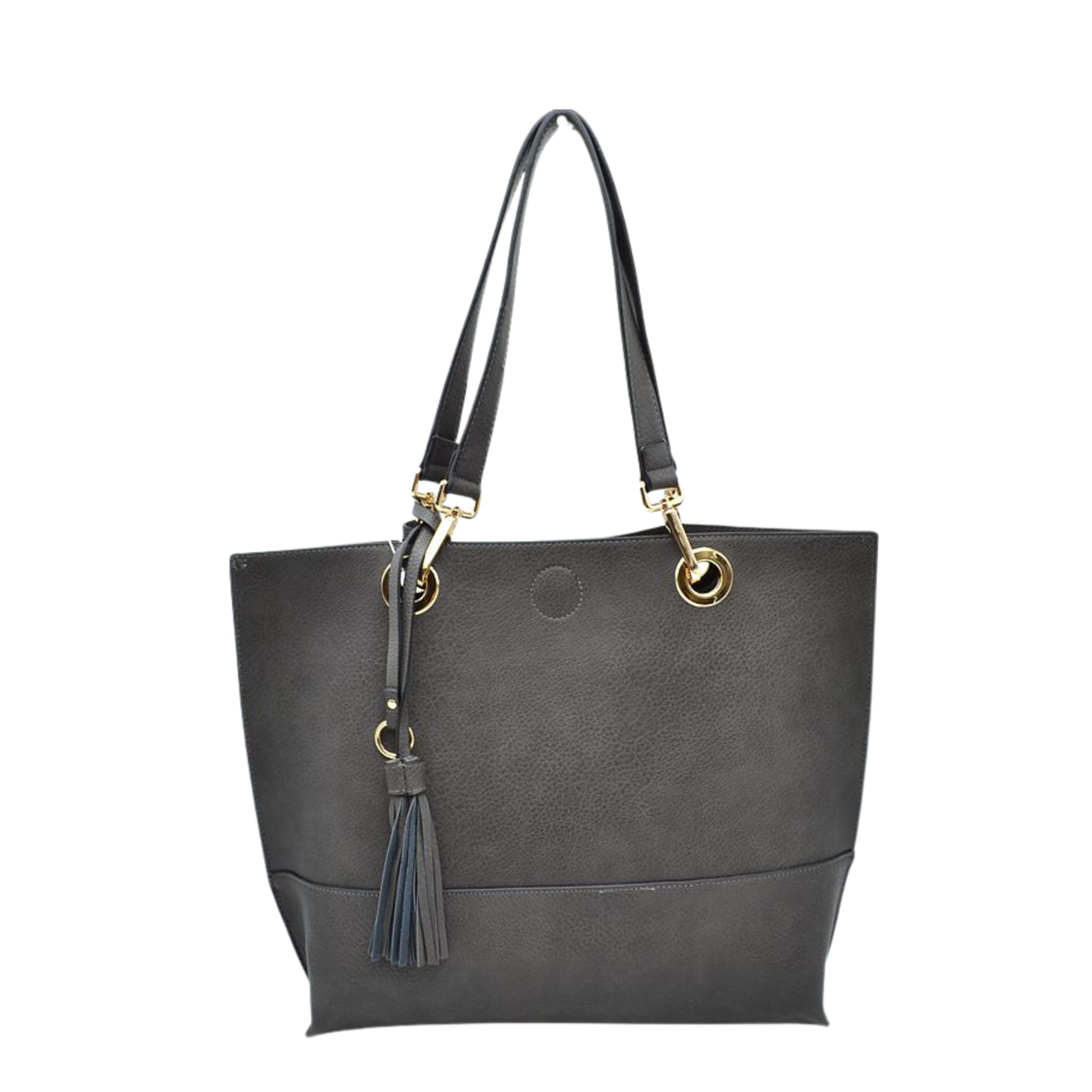 Gray tote bag with black strap and tassel on a white background