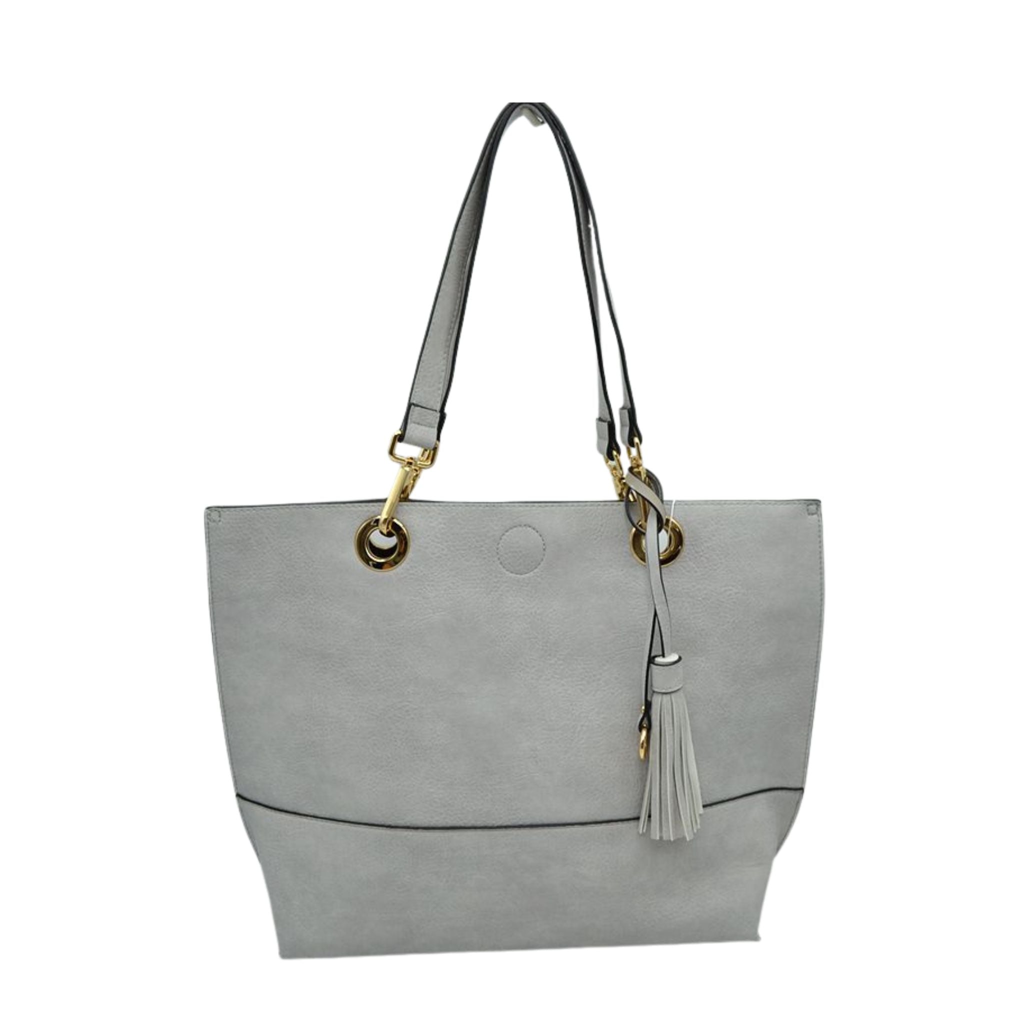 Gray tote bag with a tassel on a white background
