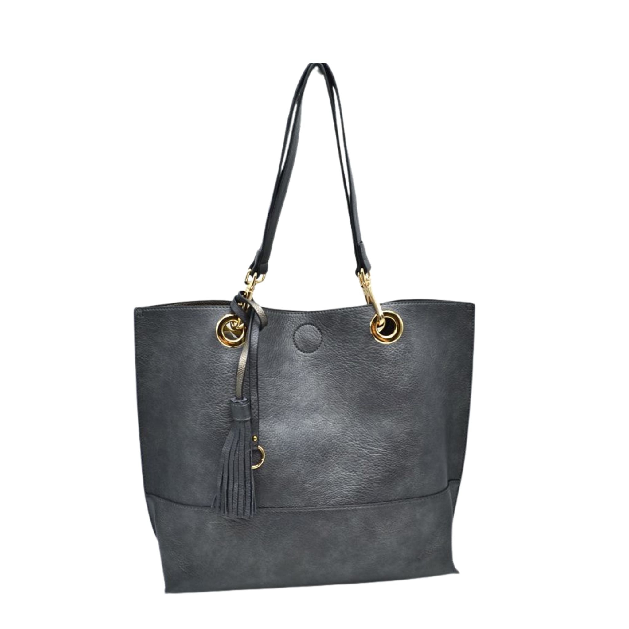 Gray tote bag with black handle and gold accents on a white background