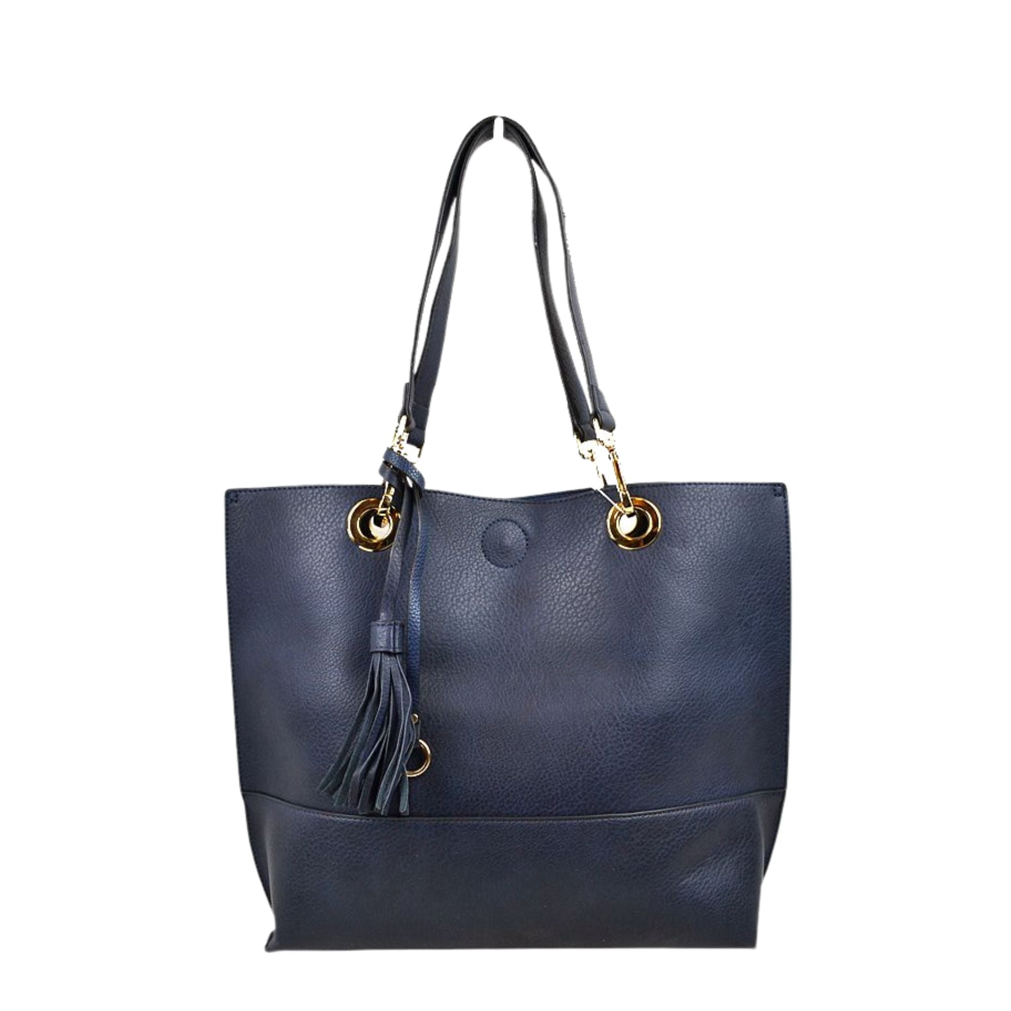 Navy blue handbag with gold accents and a tassel on a white background