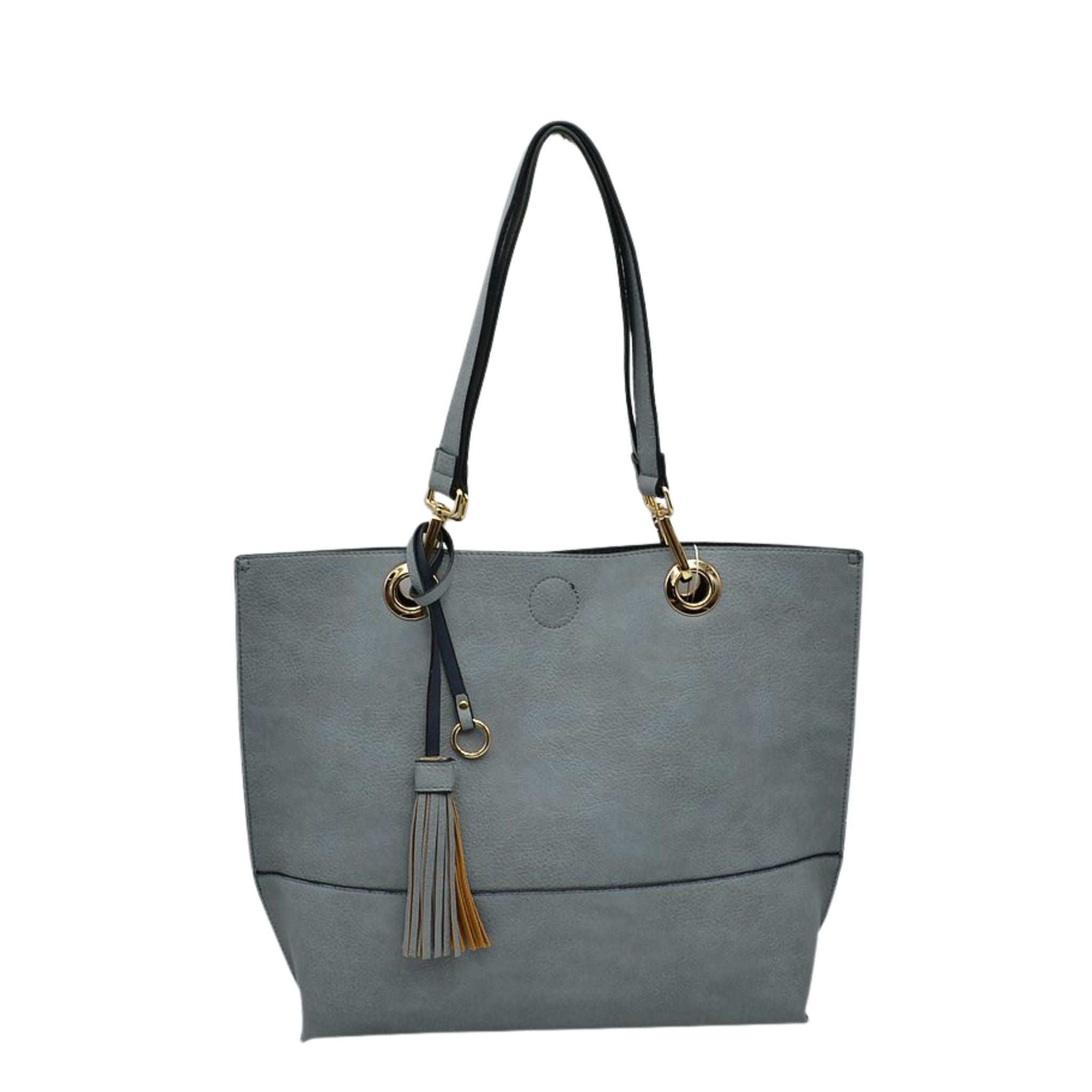Gray handbag with black handle and tassel on a white background