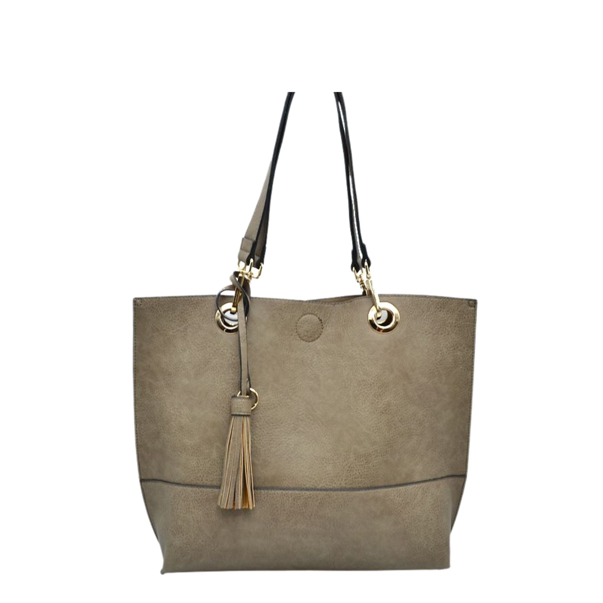 Gray tote bag with black straps and a tassel on a white background