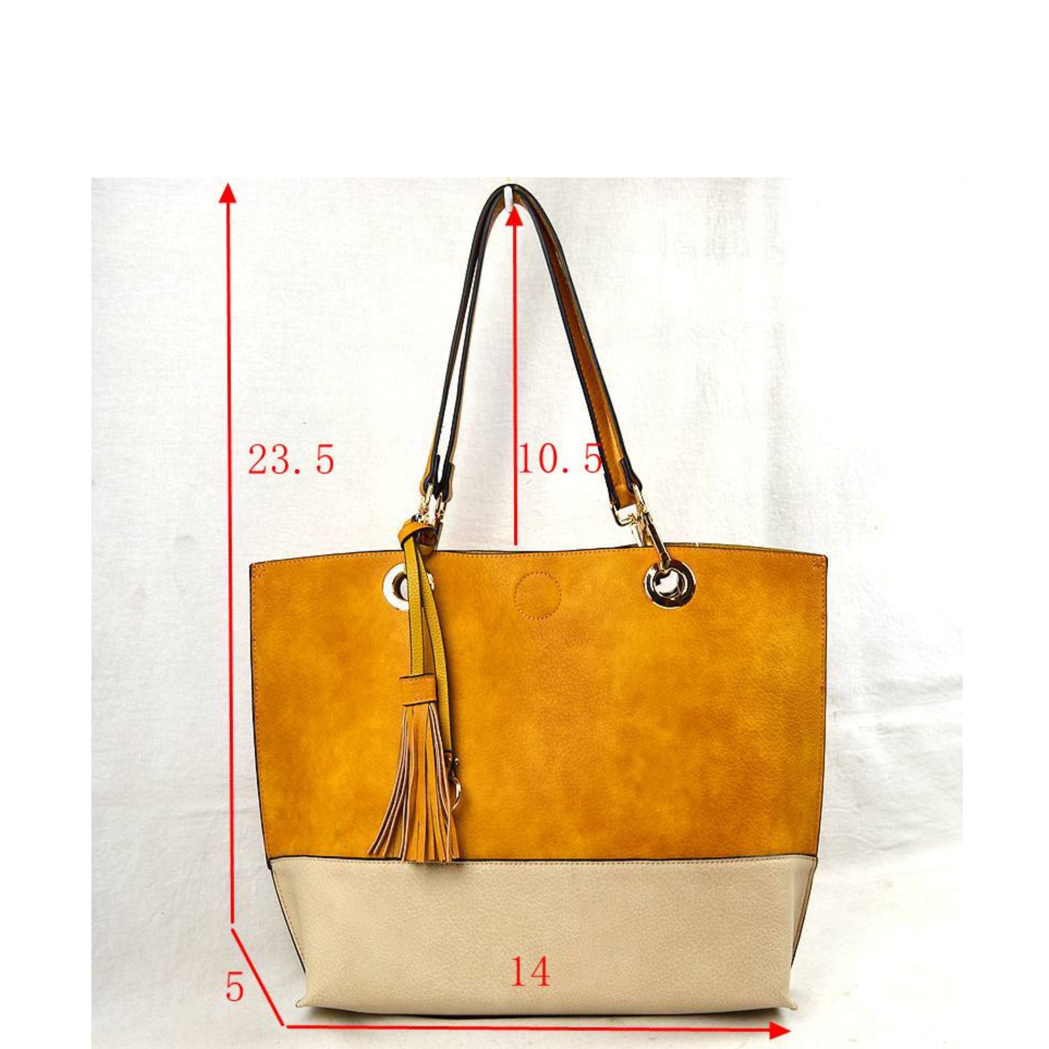 Yellow and beige handbag with measurements on a white background