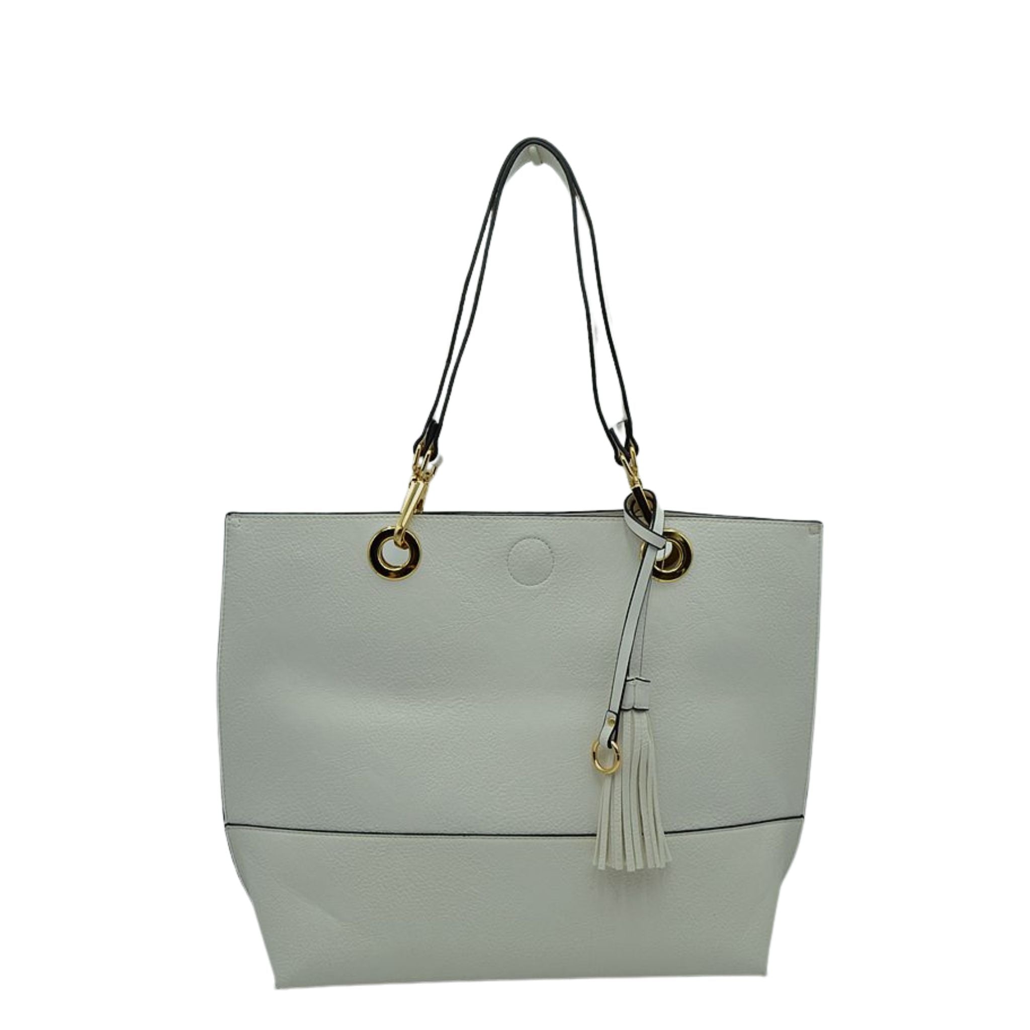 Light gray handbag with a tassel on a white background