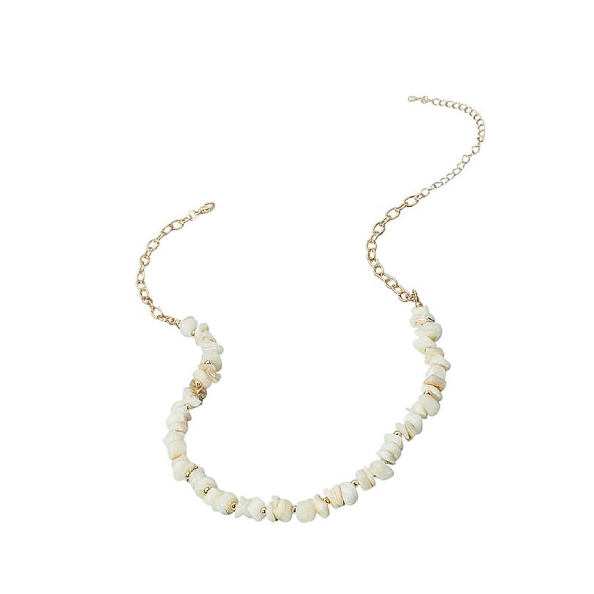 Necklace with white beads and gold chain on a white background