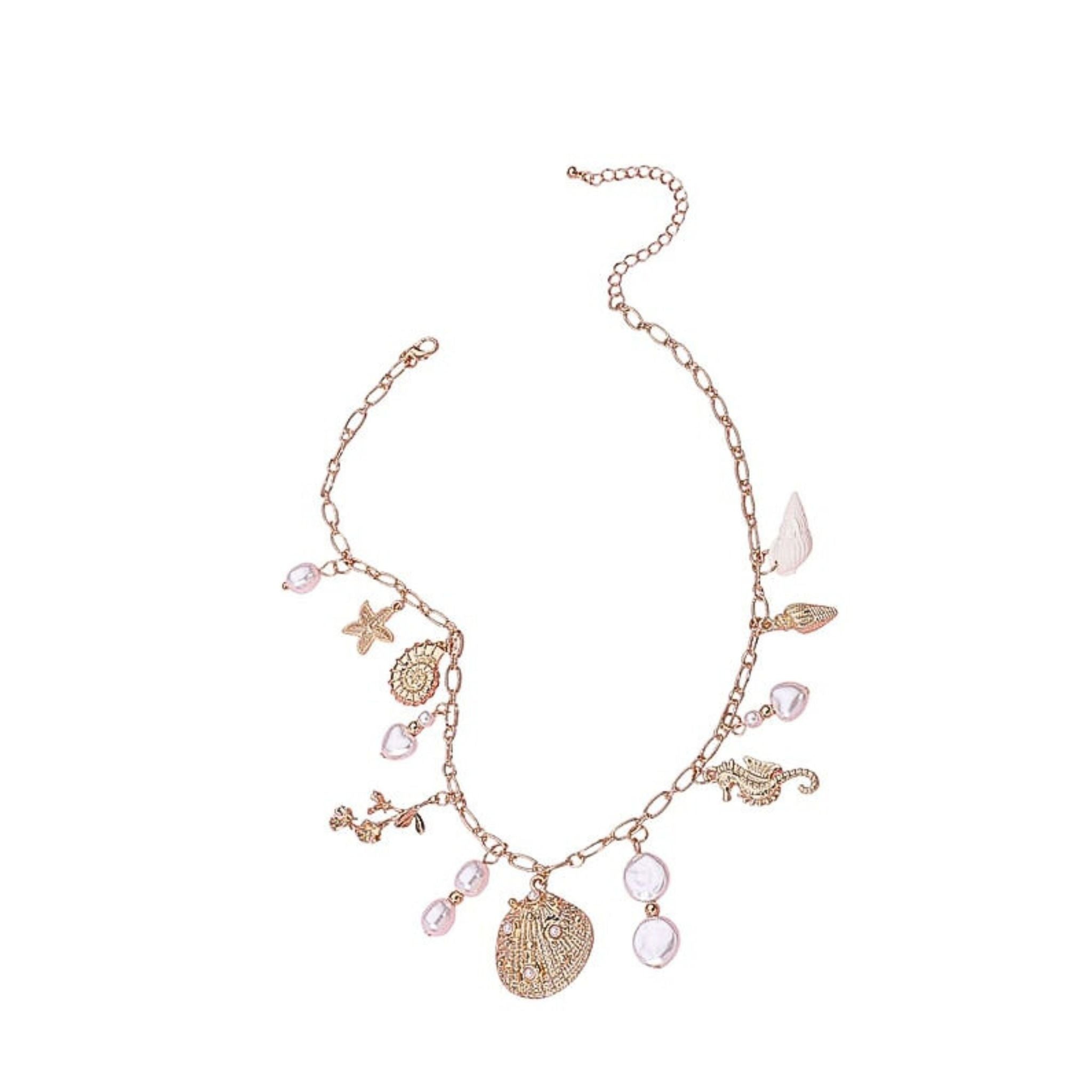 Necklace with shell and starfish charms on a white background