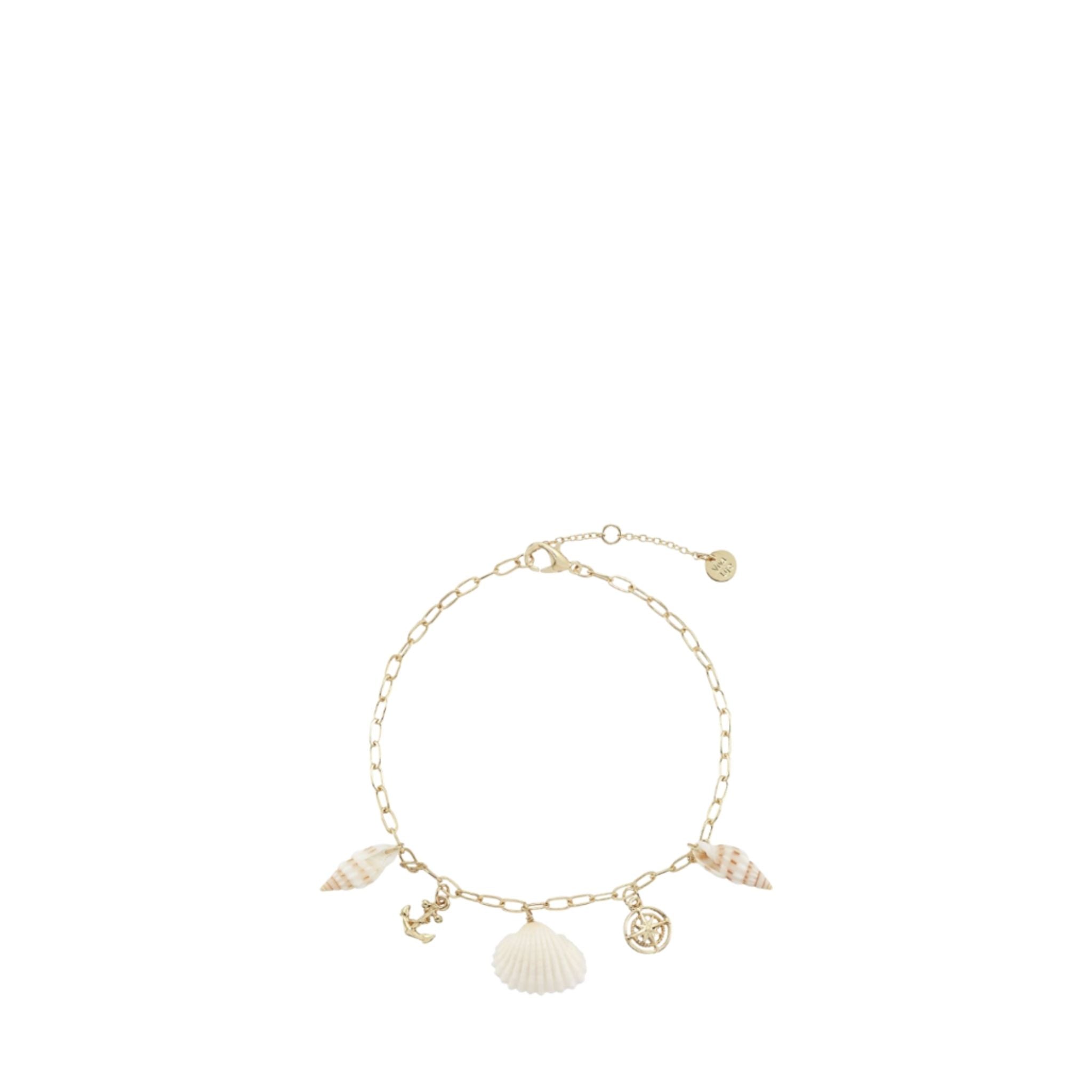 Gold bracelet with shell charms on a white background