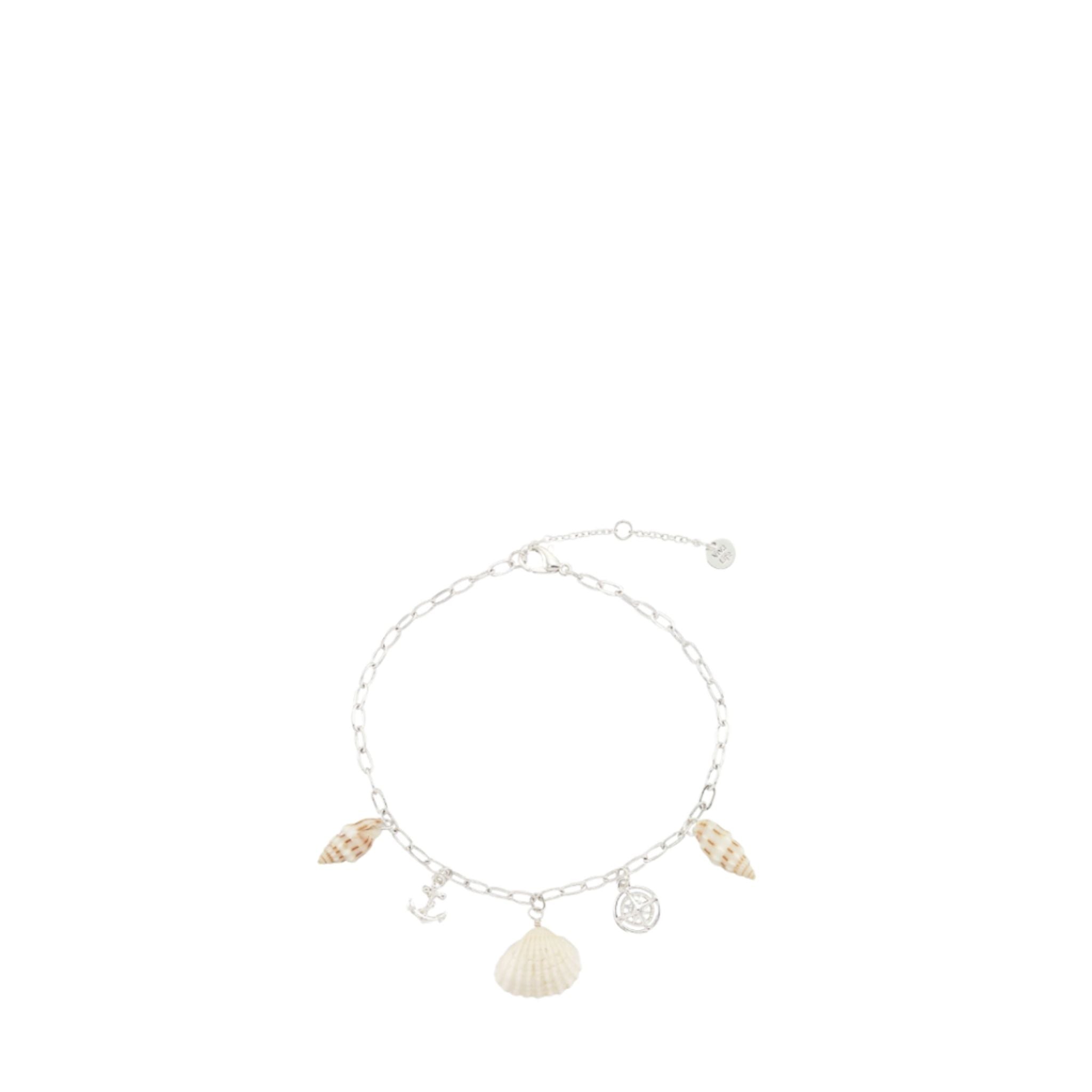 Silver bracelet with shell charms on a white background