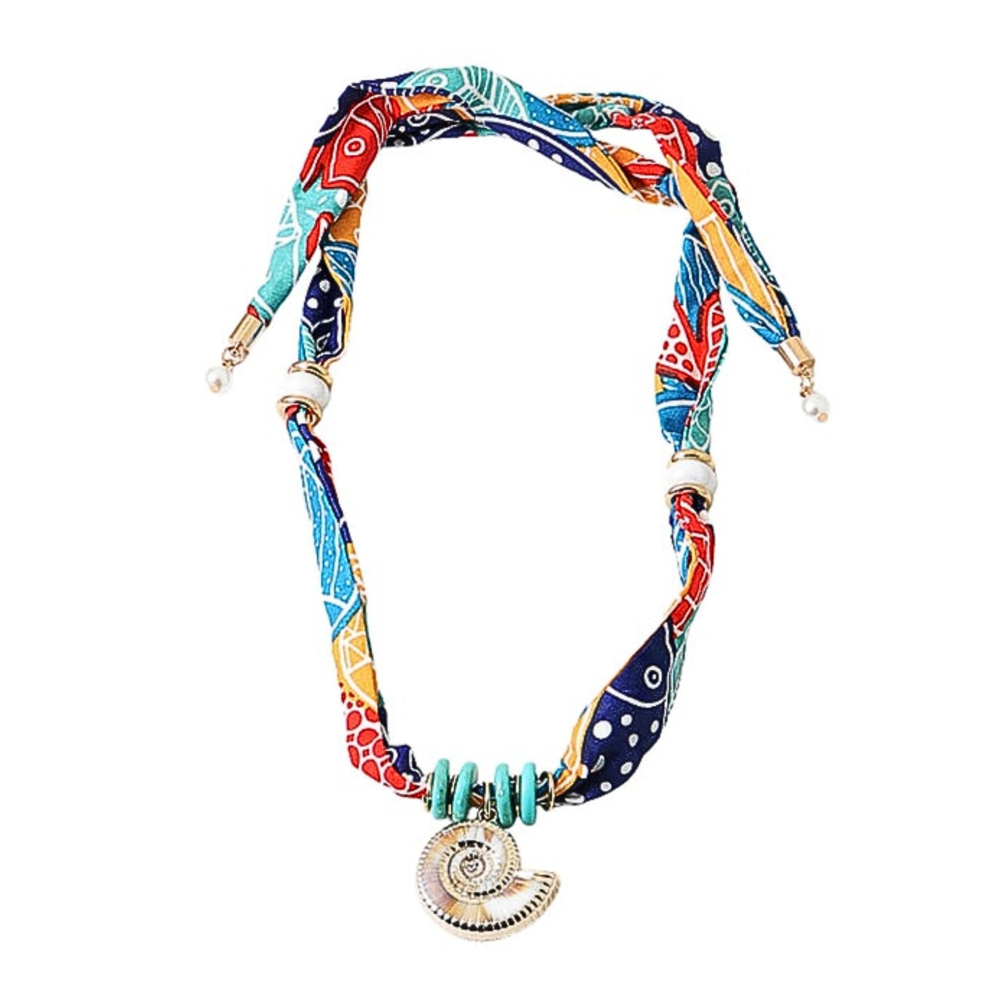 Colorful patterned necklace with a pendant on a white background