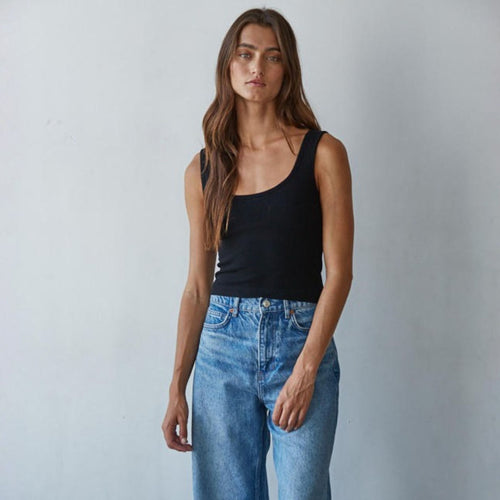 Padded Ribbed Fitted Tank Top Black
